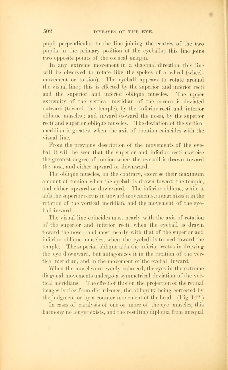 pupil perpendicular to the line joining the centres of the two pupils in the primary position of the eyeballs; this line joins two opposite points of the corneal margin. In any extreme movement in a diagonal direction this line will be observed to rotate like the spokes of a wheel (wheel- movement or torsion). The eyeball appears to rotate around the visual line; this is effected by the superior and inferior recti and the superior and inferior oblique muscles. The upper extremity of the vertical meridian of the cornea is deviated outward (toward the temple), by the inferior recti and inferior oblique muscles; and inward (toward the nose), by the superior recti and superior oblique muscles. The deviation of the vertical meridian is greatest when the axis of rotation coincides with the visual line. From the previous description of the movements of the eye- ball it will be seen that the superior and inferior recti exercise the greatest degree of torsion when the eyeball is drawn toward the nose, and either upward or downward. The oblique muscles, on the contrary, exercise their maximum amount of torsion when the eyeball is drawn toward the temple, and either upward or downward. The inferior oblique, while it aids the superior rectus in upward movements, antagonizes it in the rotation of the vertical meridian, and the movement of the eye- ball inward. The visual line coincides most nearly with the axis of rotation of the superior and inferior recti, when the eyeball is drawn toward the nose ; and most nearly with that of the superior and inferior oblique muscles, when the eyeball is turned toward the temple. The superior oblique aids the inferior rectus in drawing the eye downward, but antagonizes it in the rotation of the ver- tical meridian, and in the movement of the eyeball inward. When the muscles are evenly balanced, the eyes in the extreme diagonal movements undergo a symmetrical deviation of the ver- tical meridians. The effect of this on the projection of the retinal images is free from disturbance, the obliquity being corrected by the judgment or by a counter movement of the head. (Fig. 14li.) In cases of paralysis of one or more of the eye muscles, this harmony no longer exists, and the resulting diplopia from unequal