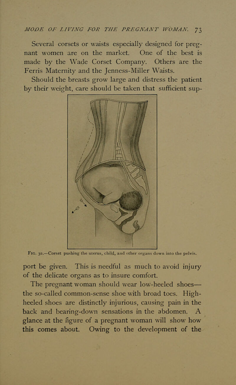 Several corsets or waists especially designed for preg- nant women are on the market. One of the best is made by the Wade Corset Company. Others are the Ferris Maternity and the Jenness-Miller Waists. Should the breasts grow large and distress the patient by their weight, care should be taken that sufficient sup- FlG. 32.—Corset pushing the into the pelv port be given. This is needful as much to avoid injury of the delicate organs as to insure comfort. The pregnant woman should wear low-heeled shoes— the so-called common-sense shoe with broad toes. High- heeled shoes are distinctly injurious, causing pain in the back and bearing-down sensations in the abdomen. A glance at the figure of a pregnant woman will show how this comes about. Owing to the development of the