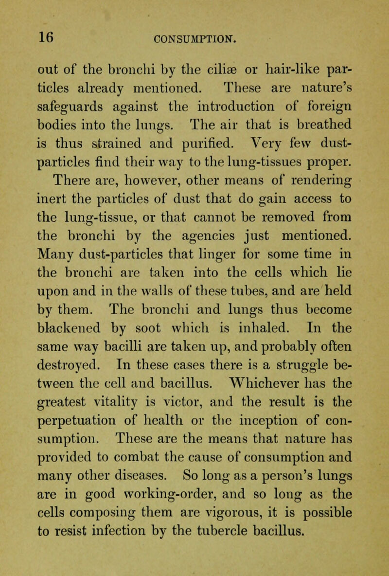 out of the bronchi by the cilise or hair-like par- ticles already mentioned. These are nature's safeguards against the introduction of foreign bodies into the lungs. The air that is breathed is thus strained and purified. Very few dust- particles find their way to the lung-tissues proper. There are, however, other means of rendering inert the particles of dust that do gain access to the lung-tissue, or that cannot be removed from the bronchi by the agencies just mentioned. Many dust-particles that linger for some time in the bronchi are taken into the cells which lie upon and in the walls of these tubes, and are held by them. The bronchi and lungs thus become blackened by soot which is inhaled. In the same way bacilli are taken up, and probably often destroyed. In these cases there is a struggle be- tween the cell and bacillus. Whichever has the greatest vitality is victor, and the resvdt is the perpetuation of health or the inception of con- sumption. These are the means that nature has provided to combat the cause of consumption and many other diseases. So long as a person's lungs are in good working-order, and so long as the cells composing them are vigorous, it is possible to resist infection by the tubercle bacillus.