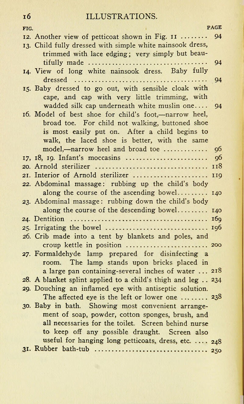 FIG. PAGE 12. Another view of petticoat shown in Fig. n 94 13. Child fully dressed with simple white nainsook dress, trimmed with lace edging; very simply but beau- tifully made 94 14. View of long white nainsook dress. Baby fully dressed 94 15. Baby dressed to go out, with sensible cloak with cape, and cap with very little trimming, with wadded silk cap underneath white muslin one. ... 94 16. Model of best shoe for child's foot,—narrow heel, broad toe. For child not walking, buttoned shoe is most easily put on. After a child begins to walk, the laced shoe is better, with the same model,—narrow heel and broad toe 96 17. 18, 19. Infant's moccasins 96 20. Arnold sterilizer 118 21. Interior of Arnold sterilizer 119 22. Abdominal massage: rubbing up the child's body along the course of the ascending bowel 140 23. Abdominal massage: rubbing down the child's body along the course of the descending bowel 140 24. Dentition 169 25. Irrigating the bowel 196 26. Crib made into a tent by blankets and poles, and croup kettle in position 200 27. Formaldehyde lamp prepared for disinfecting a room. The lamp stands upon bricks placed in a large pan containing-several inches of water ... 218 28. A blanket splint applied to a child's thigh and leg .. 234 29. Douching an inflamed eye with antiseptic solution. The affected eye is the left or lower one 238 30. Baby in bath. Showing most convenient arrange- ment of soap, powder, cotton sponges, brush, and all necessaries for the toilet. Screen behind nurse to keep off any possible draught. Screen also useful for hanging long petticoats, dress, etc .... 248 31. Rubber bath-tub 250