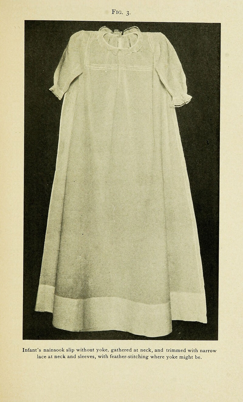 Infant's nainsook slip without yoke, gathered at neck, and trimmed with narrow lace at neck and sleeves, with feather-stitching- where yoke might be.