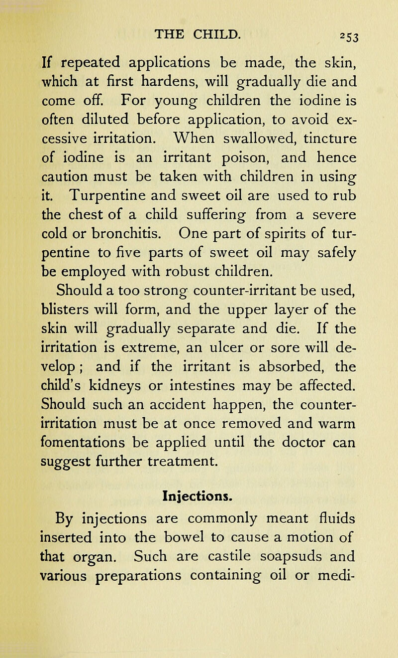 If repeated applications be made, the skin, which at first hardens, will gradually die and come off. For young children the iodine is often diluted before application, to avoid ex- cessive irritation. When swallowed, tincture of iodine is an irritant poison, and hence caution must be taken with children in using it. Turpentine and sweet oil are used to rub the chest of a child suffering from a severe cold or bronchitis. One part of spirits of tur- pentine to five parts of sweet oil may safely be employed with robust children. Should a too strong counter-irritant be used, blisters will form, and the upper layer of the skin will gradually separate and die. If the irritation is extreme, an ulcer or sore will de- velop ; and if the irritant is absorbed, the child's kidneys or intestines may be affected. Should such an accident happen, the counter- irritation must be at once removed and warm fomentations be applied until the doctor can suggest further treatment. Injections. By injections are commonly meant fluids inserted into the bowel to cause a motion of that organ. Such are castile soapsuds and various preparations containing oil or medi-