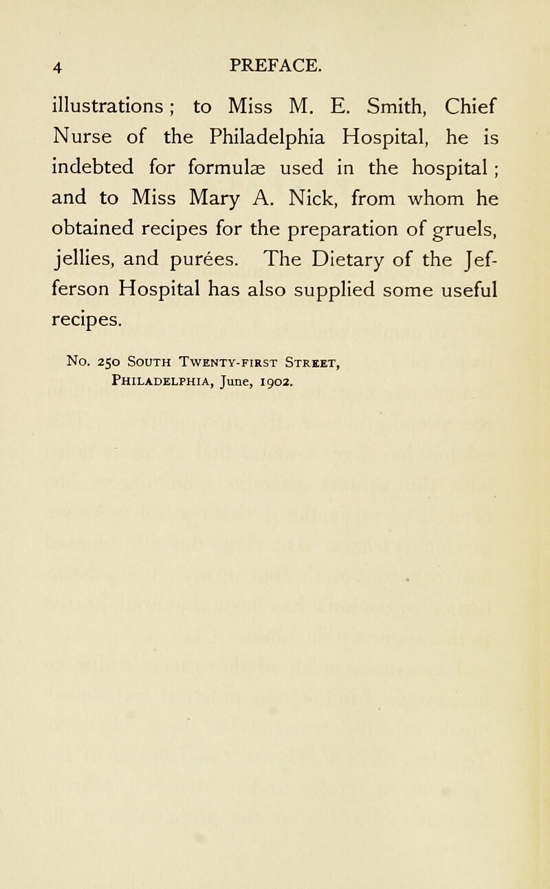 illustrations ; to Miss M. E. Smith, Chief Nurse of the Philadelphia Hospital, he is indebted for formulae used in the hospital ; and to Miss Mary A. Nick, from whom he obtained recipes for the preparation of gruels, jellies, and purees. The Dietary of the Jef- ferson Hospital has also supplied some useful recipes. No. 250 South Twenty-first Street, Philadelphia, June, 1902.