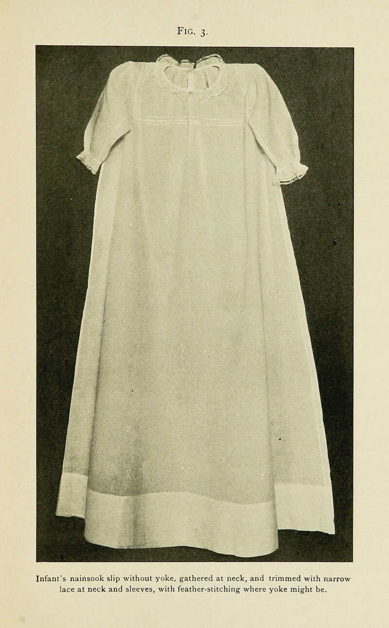 Infant's nainsook slip without yoke, gathered at neck, and trimmed with narrow lace at neck and sleeves, with feather-stitching- where yoke might be.