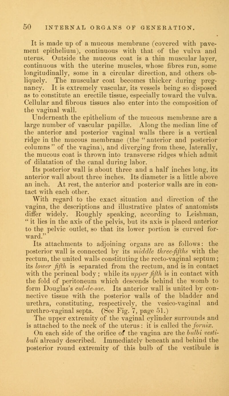 It is made up of a mucous membrane (covered with pave- ment epithelium), continuous with that of the vulva and uterus. Outside the mucous coat is a thin muscular layer, continuous with the uterine muscles, whose fibres run, some longitudinally, some in a circular direction, and others ob- liquely. The muscular coat becomes thicker during preg- nancy. It is extremely vascular, its vessels being so disposed as to constitute an erectile tissue, especially toward the vulva. Cellular and fibrous tissues also enter into the composition of the vaginal wall. Underneath the epithelium of the mucous membrane are a large number of vascular papillae. Along the median line of the anterior and posterior vaginal walls there is a vertical ridge in the mucous membrane (the  anterior and posterior columns  of the vagina), and diverging from these, laterally, the mucous coat is thrown into transverse ridges which admit of dilatation of the canal during labor. Its posterior wall is about three and a half inches long, its anterior wall about three inches. Its diameter is a little above an inch. At rest, the anterior and posterior walls are in con- tact with each other. With regard to the exact situation and direction of the vagina, the descriptions and illustrative plates of anatomists differ widely. Roughly speaking, according to Leishman,  it lies in the axis of the pelvis, but its axis is placed anterior to the pelvic outlet, so that its lower portion is curved for- ward. Its attachments to adjoining organs are as follows: the posterior wall is connected by its middle three-fifths with the rectum, the united walls constituting the recto-vaginal septum; its lower fifth is separated from the rectum, and is in contact with the perineal body ; while its upper fifth is in contact with the fold of peritoneum which descends behind the womb to form Douglas's cul-de-sac. Its anterior wall is united by con- nective tissue with the posterior walls of the bladder and urethra, constituting, respectively, the vesico-vaginal and urethro-vaginal septa. (See Fig. 7, page 51.) The upper extremity of the vaginal cylinder surrounds and is attached to the neck of the uterus: it is called the fornix. On each side of the orifice of the vagina are the bulbi vesti- buli already described. Immediately beneath and behind the posterior round extremity of this bulb of the vestibule is