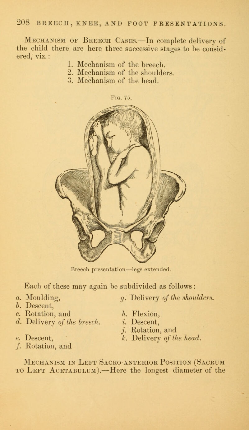 Mechanism of Breech Cases.—In complete delivery of the child there are here three successive stages to be consid- ered, viz.: 1. Mechanism of the breech. 2. Mechanism of the shoulders. 3. Mechanism of the head. Fig. 75. Breech presentation—legs extended. Each of these may again be subdivided as follows: g. Delivery of the shoulders. a. Moulding, b. Descent, c. Rotation, and d. Delivery of the breech. e. Descent, /. Rotation, and h. Flexion, i. Descent, j. Rotation, and /-. Delivery of the head. Mechanism in Left Sacro-anterior Position (Sacrum to Left Acetabulum).—Here the longest diameter of the