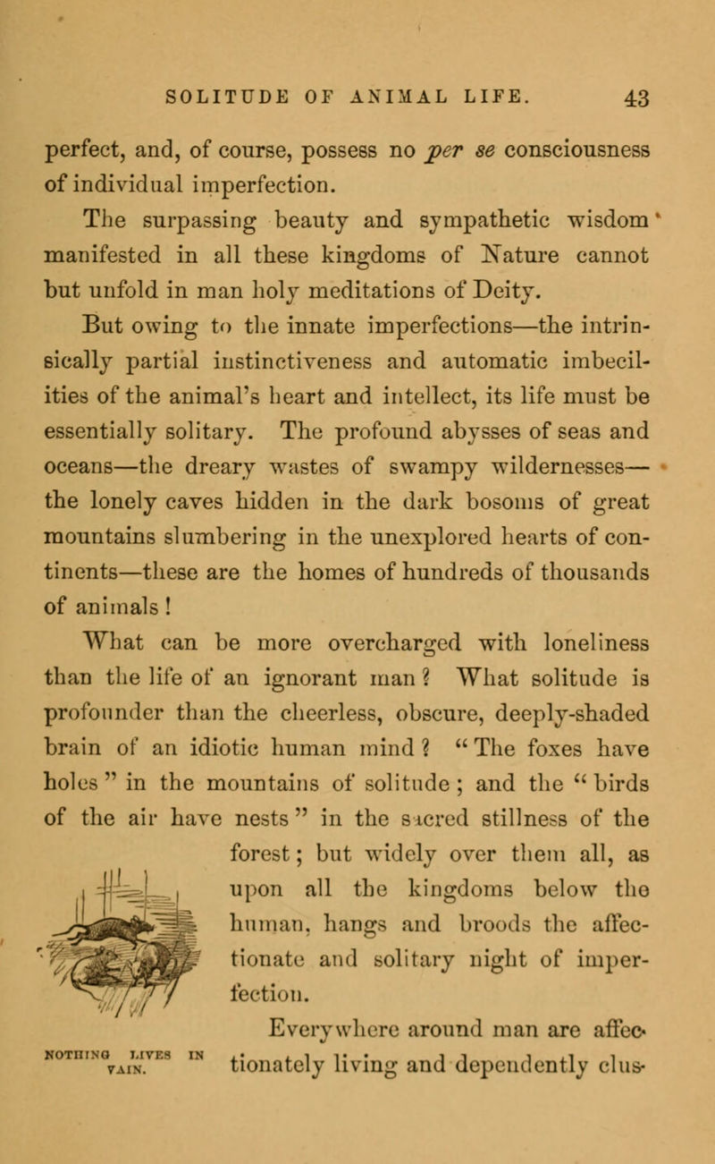 perfect, and, of course, possess no per se consciousness of individual imperfection. The surpassing beauty and sympathetic wisdom manifested in all these kingdoms of Nature cannot but unfold in man holy meditations of Deity. But owing to the innate imperfections—the intrin- sically partial instinctiveness and automatic imbecil- ities of the animal's heart and intellect, its life must be essentially solitary. The profound abysses of seas and oceans—the dreary wastes of swampy wildernesses— the lonely caves hidden in the dark bosoms of great mountains slumbering in the unexplored hearts of con- tinents—these are the homes of hundreds of thousands of animals ! What can be more overcharged with loneliness than the life of an ignorant man ? What solitude is profounder than the cheerless, obscure, deeply-shaded brain of an idiotic human mind ?  The foxes have holes  in the mountains of solitude ; and the  birds of the air have nests  in the s icred stillness of the forest; but widely over them all, as upon all the kingdoms below the human, hangs and broods the affec- tionate and solitary night of imper- fection. Every where around man are affec« vain?1' tionately living and dependency clus-