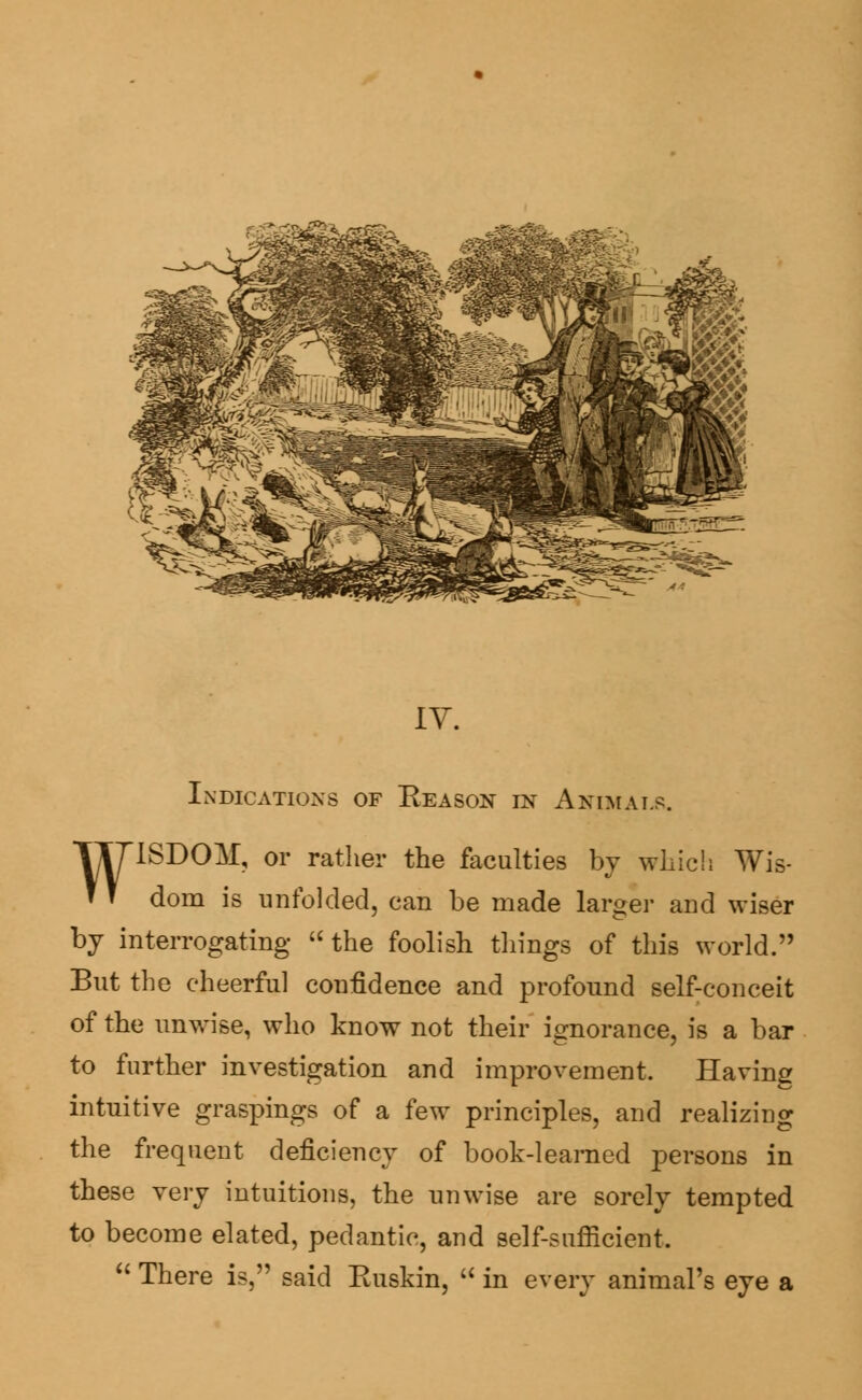 IV. Indications of Eeason in Animals. WISDOM, or rather the faculties by which Wis- dom is unfolded, can be made larger and wiser by interrogating  the foolish tilings of this world. But the cheerful confidence and profound self-conceit of the unwise, who know not their ignorance, is a bar to further investigation and improvement. Having intuitive graspings of a few principles, and realizing the frequent deficiency of book-learned persons in these very intuitions, the unwise are sorely tempted to become elated, pedantic, and self-sufficient.