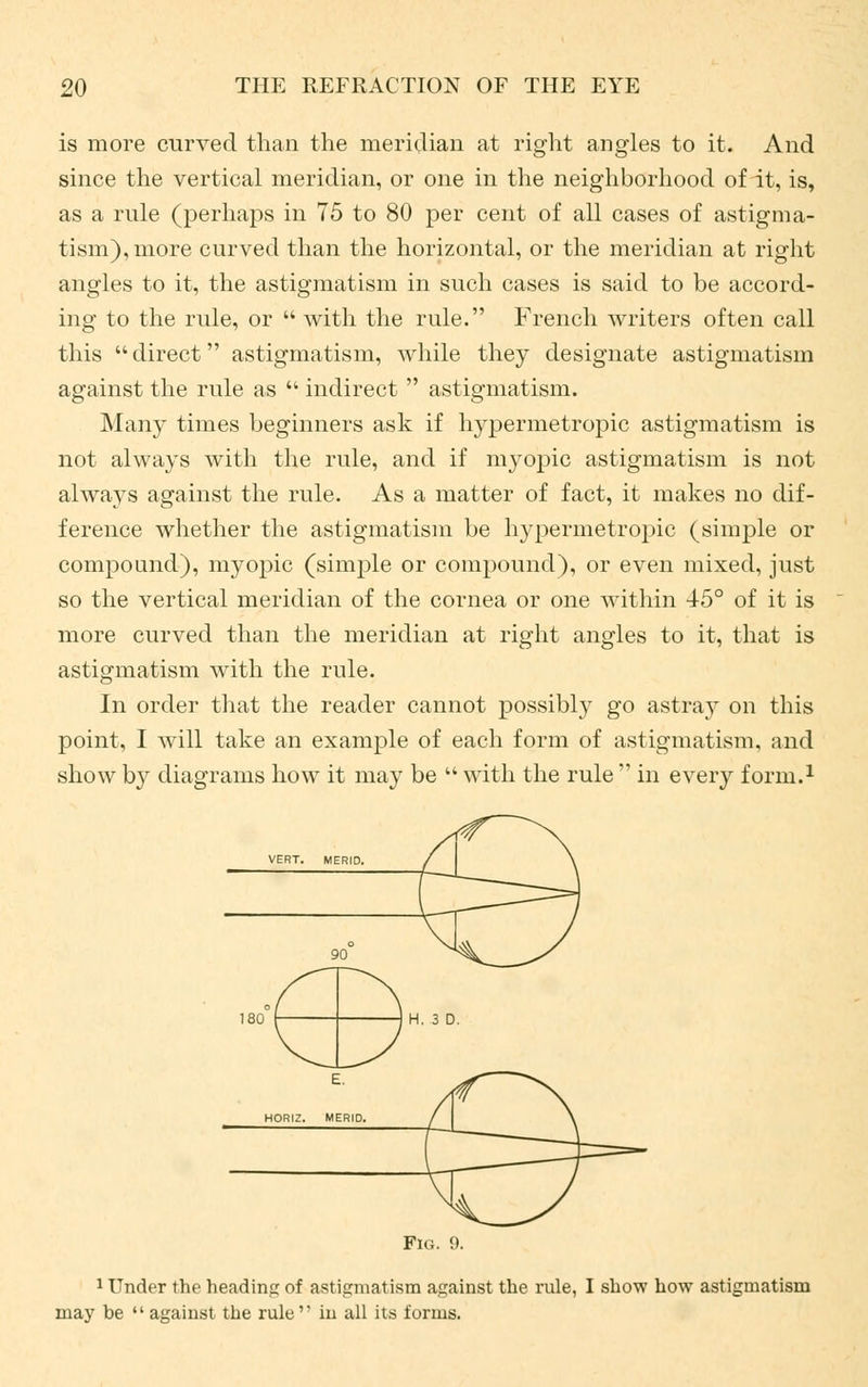 is more curved than the meridian at right angles to it. And since the vertical meridian, or one in the neighborhood of it, is, as a rule (perhaps in 75 to 80 per cent of all cases of astigma- tism), more curved than the horizontal, or the meridian at right angles to it, the astigmatism in such cases is said to be accord- ing to the rule, or  with the rule. French writers often call this direct astigmatism, while they designate astigmatism against the rule as  indirect  astigmatism. Many times beginners ask if hypermetropic astigmatism is not always with the rule, and if myopic astigmatism is not always against the rule. As a matter of fact, it makes no dif- ference whether the astigmatism be hypermetropic (simple or compound), myopic (simple or compound), or even mixed, just so the vertical meridian of the cornea or one within 45° of it is more curved than the meridian at right angles to it, that is astigmatism with the rule. In order that the reader cannot possibly go astray on this point, I will take an example of each form of astigmatism, and show by diagrams how it may be  with the rule  in every form.1 VERT. MER Fig. 9. 1 Under the heading of astigmatism against the rule, I show how astigmatism may be  against the rule in all its forms.