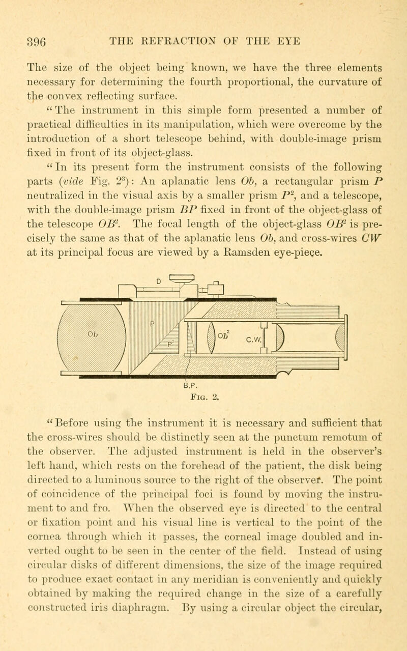 The size of the object being known, we have the three elements necessary for determining the fourth proportional, the curvature of the convex reflecting surface.  The instrument in this simple form presented a number of practical difficulties in its manipulation, which were overcome by the introduction of a short telescope behind, with double-image prism fixed in front of its object-glass. In its present form the instrument consists of the following parts (vide Fig. 23): An aplanatic lens Ob, a rectangular prism P neutralized in the visual axis by a smaller prism P2, and a telescope, with the double-image prism BP fixed in front of the object-glass of the telescope OB2. The focal length of the object-glass OB2 is pre- cisely the same as that of the aplanatic lens Ob, and cross-wires CW at its principal focus are viewed by a Ranisden eye-piece. Before using the instrument it is necessary and sufficient that the cross-wires should be distinctly seen at the punctum remotum of the observer. The adjusted instrument is held in the observer's left hand, which rests on the forehead of the patient, the disk being directed to a luminous source to the right of the observer. The point of coincidence of the principal foci is found by moving the instru- ment to and fro. When the observed eye is directed to the central or fixation point and his visual line is vertical to the point of the cornea through which it passes, the corneal image doubled and in- verted ought to be seen in the center of the field. Instead of using circular disks of different dimensions, the size of the image required to produce exact contact in any meridian is conveniently and quickly obtained by making the required change in the size of a carefully constructed iris diaphragm. By using a circular object the circular,