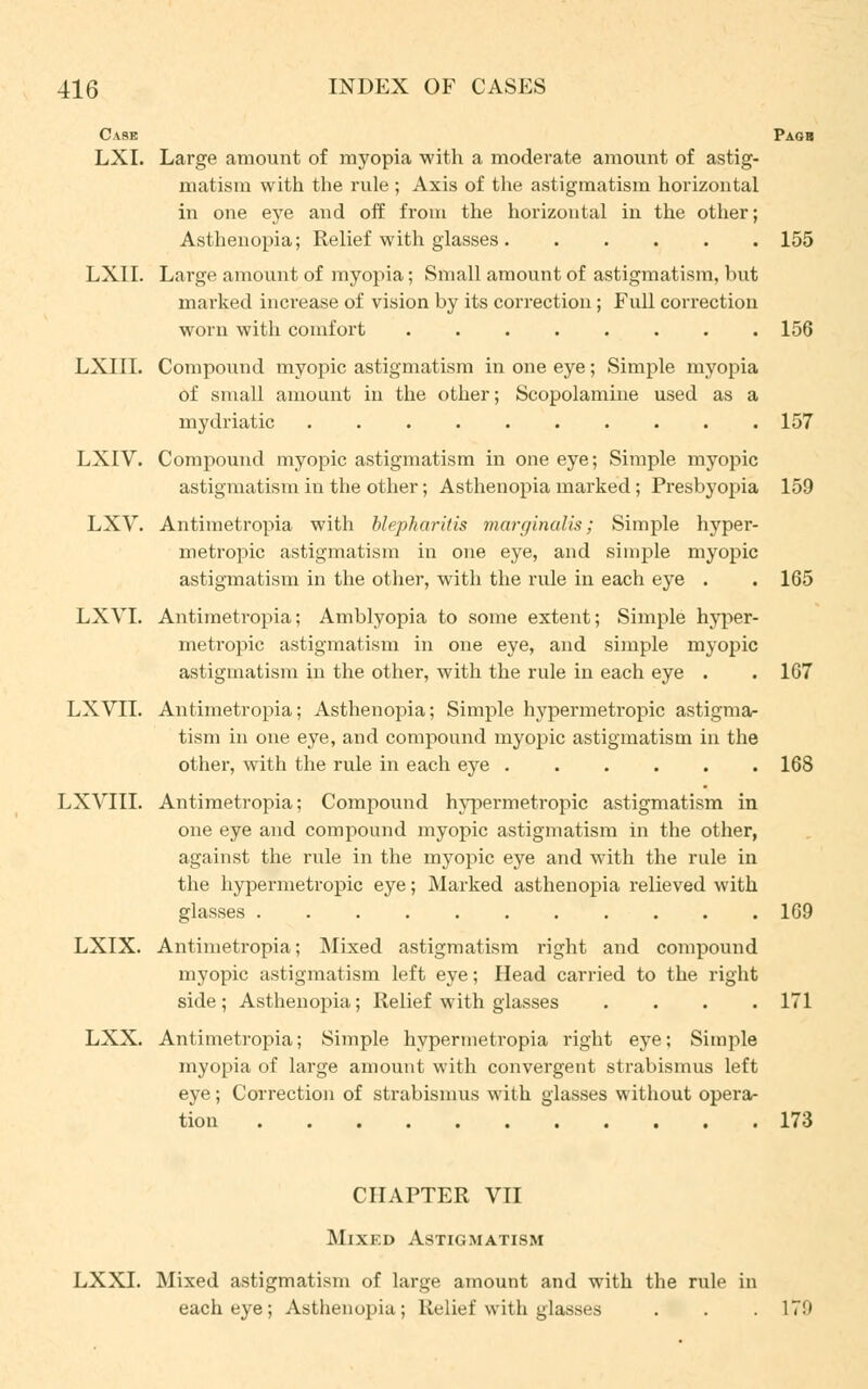 Case Pagb LXI. Large amount of myopia with a moderate amount of astig- matism with the rule ; Axis of the astigmatism horizontal in one eye and off from the horizontal in the other; Asthenopia; Relief with glasses 155 LX1I. Large amount of myopia; Small amount of astigmatism, but marked increase of vision by its correction; Full correction worn with comfort 156 LXIII. Compound myopic astigmatism in one eye; Simple myopia of small amount in the other; Scopolamine used as a mydriatic 157 LXIV. Compound myopic astigmatism in one eye; Simple myopic astigmatism in the other; Asthenopia marked; Presbyopia 159 LXV. Antimetropia with blepharitis marginalia; Simple hyper- metropic astigmatism in one eye, and simple myopic astigmatism in the other, with the rule in each eye . . 165 LXVI. Antimetropia; Amblyopia to some extent; Simple hyper- metropic astigmatism in one eye, and simple myopic astigmatism in the other, with the rule in each eye . . 167 LXVII. Antimetropia; Asthenopia; Simple hypermetropic astigma- tism in one eye, and compound myopic astigmatism in the other, with the rule in each eye 168 LXVIII. Antimetropia; Compound hypermetropic astigmatism in one eye and compound myopic astigmatism in the other, against the rule in the myopic eye and with the rule in the hypermetropic eye; Marked asthenopia relieved with glasses 169 LXIX. Antimetropia; Mixed astigmatism right and compound myopic astigmatism left eye; Head carried to the right side; Asthenopia; Relief with glasses .... 171 LXX. Antimetropia; Simple hypermetropia right eye; Simple myopia of large amount with convergent strabismus left eye; Correction of strabismus with glasses without opera- tion 173 CHAPTER VII Mixed Astigmatism LXXI. Mixed astigmatism of large amount and with the rule in each eye; Asthenopia; Relief with glasses . . . 17!»