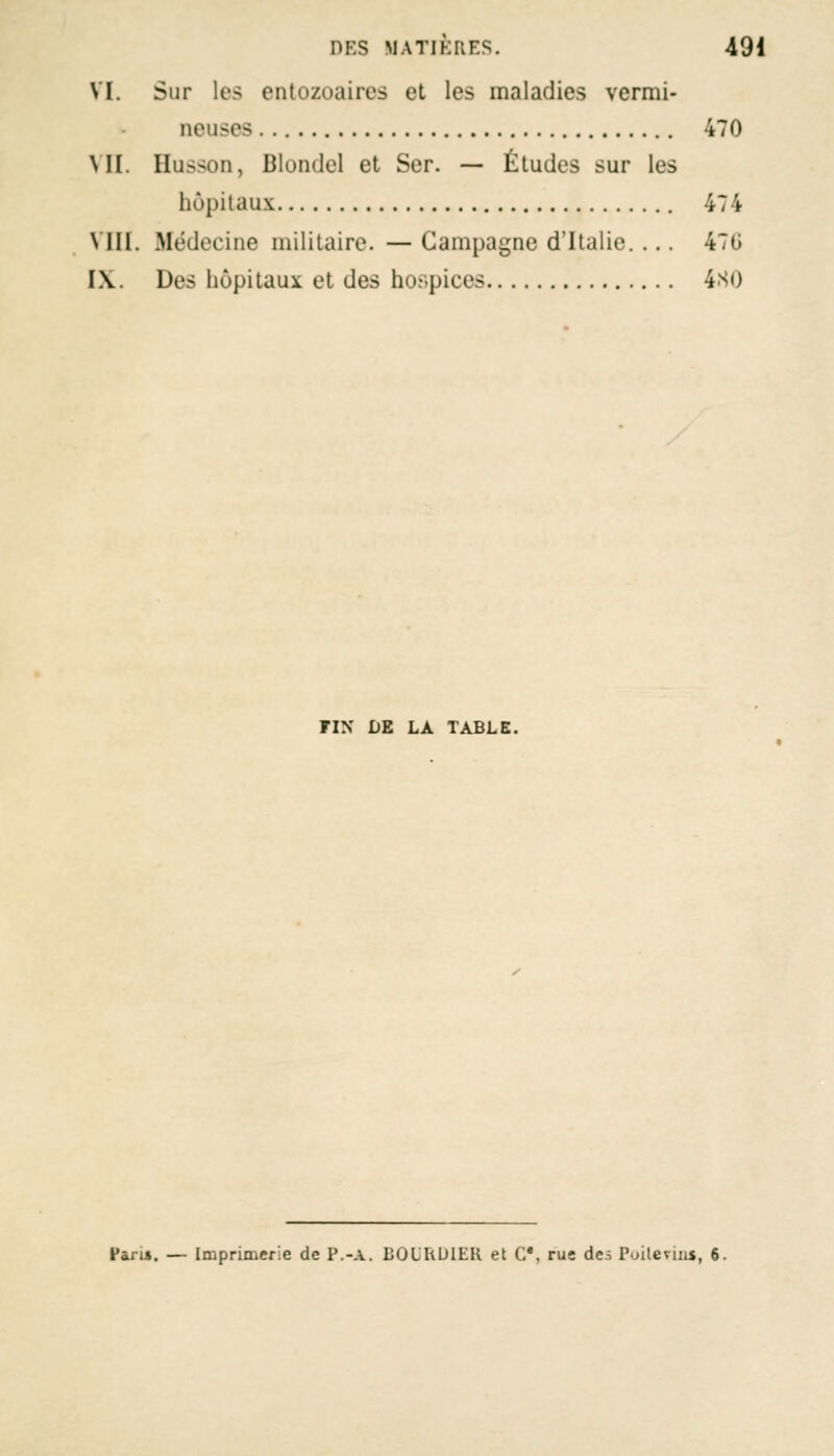 VI. Sur les entozoaires et les maladies vermi- neuses 470 MI. Husson, Blondel et Ser. — Études sur les hôpitaux 474 \II1. Médecine militaire. —Campagne d'Italie. ... 47U IX. Des hôpitaux et des hospices 480 FIN DE LA TABLE. Fan*. — Imprimerie de P.-A. DOIRDIER et CV rus des Poitevins, 6.