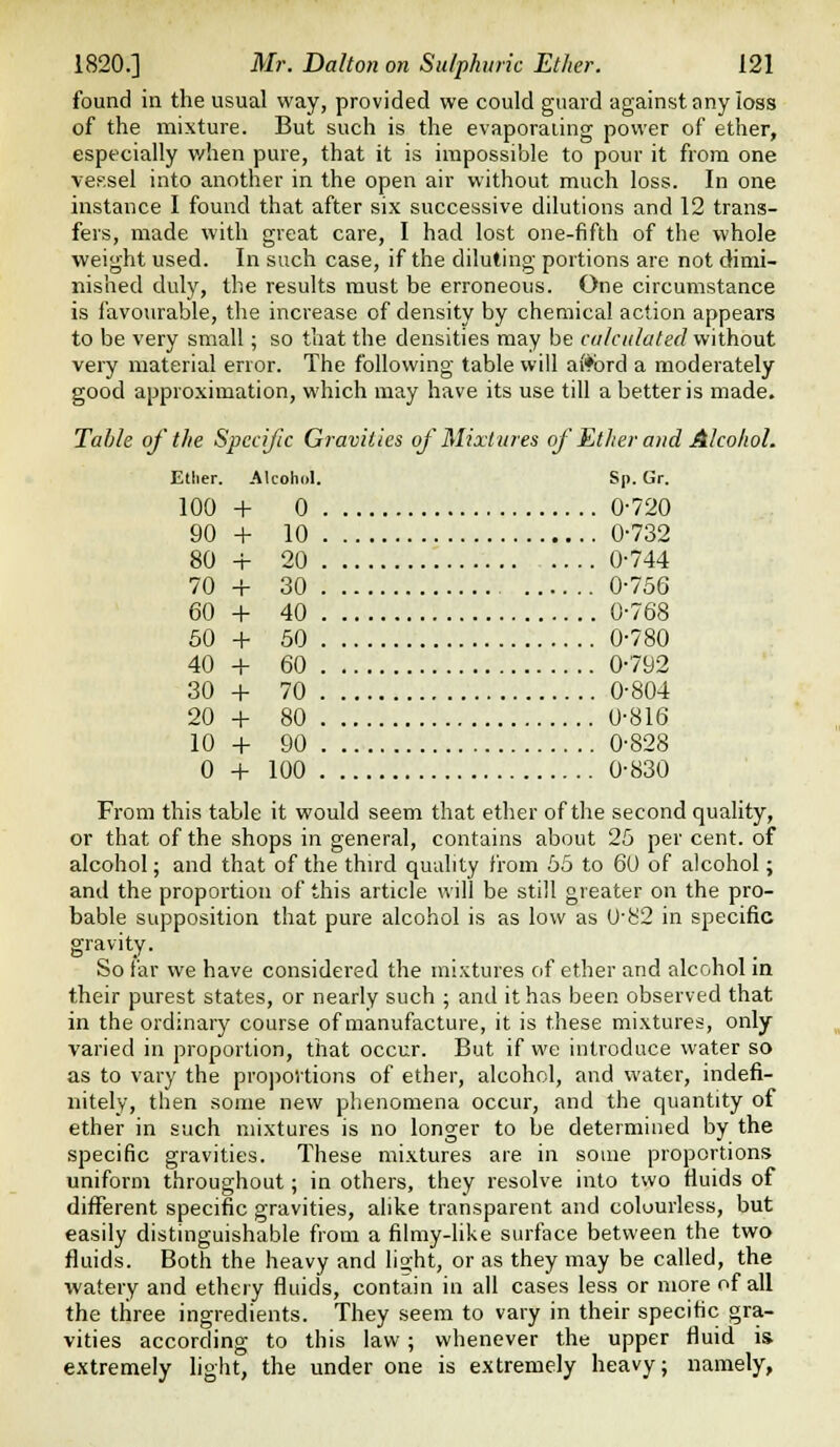 found in the usual way, provided we could guard against any loss of the mixture. But such is the evaporaiing power of ether, especially v/hen pure, that it is impossible to pour it from one vessel into another in the open air without much loss. In one instance I found that after six successive dilutions and 12 trans- fers, made with great care, I had lost one-fifth of the whole weight used. In such case, if the diluting portions are not dimi- nished duly, the results must be erroneous. One circumstance is favourable, the increase of density by chemical action appears to be very small; so that the densities may be cu/citlated without very material error. The following table will ai*brd a moderately good approximation, which may have its use till a better is made. Table of the Specific Gravities of Mixtures of Ether and Alcohol. Ether. Alcohol. Sp. Gr. 100 + 0 0-720 90 + 10 0-732 80 -i- 20 0-744 70 + 30 0-756 60 + 40 0-768 60 + 50 0-780 40 + 60 0-792 30 + 70 0-804 20 + 80 0-816 10 + 90 0-828 0 + 100 0-830 From this table it would seem that ether of the second quality, or that of the shops in general, contains about 25 per cent, of alcohol; and that of the third quality from 55 to 60 of alcohol; and the proportion of this article will be still greater on the pro- bable supposition that pure alcohol is as low as L)-82 in specific gravity. So far we have considered the mixtures of ether and alcohol in their purest states, or nearly such ; and it has been observed that in the ordinary course of manufacture, it is these mixtures, only varied in proportion, that occur. But if we introduce water so as to vary the pro))oi'tions of ether, alcohol, and water, indefi- nitely, then some new plienomena occur, and the quantity of ether in such mixtures is no longer to be determined by the specific gravities. These mixtures are in some proportions uniform throughout; in others, they resolve into two fiuids of different specific gravities, alike transparent and colourless, but easily distinguishable from a filmy-like surface between the two fluids. Both the heavy and light, or as they may be called, the watery and ethery fluids, contain in all cases less or more of all the three ingredients. They seem to vary in their specific gra- vities according to this law; whenever the upper fluid is extremely light, the under one is extremely heavy; namely.