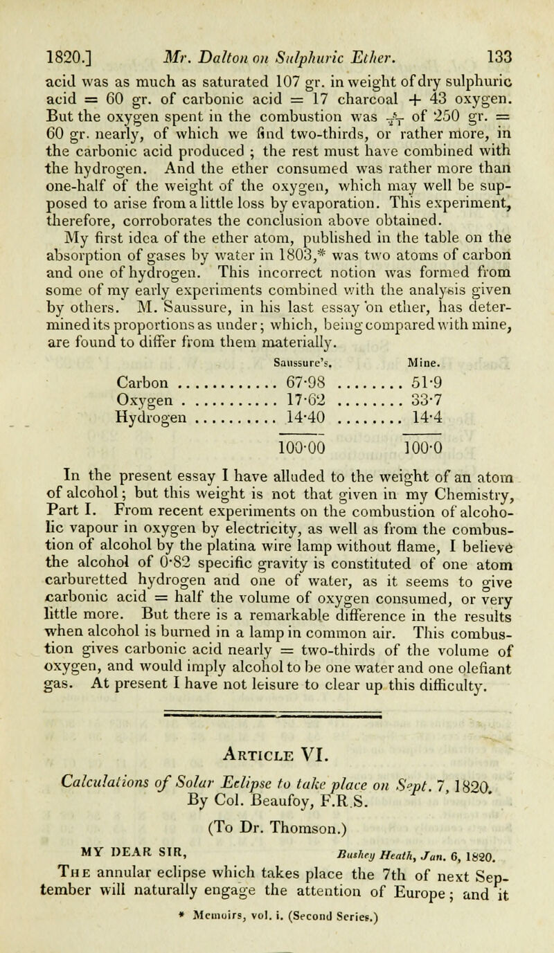 acid was as much as saturated 107 gr. in weight of dry sulphuric acid = 60 gr. of carbonic acid = 17 charcoal + 43 oxygen. But the oxygen spent in the combustion was -/-j- of 250 gr. = 60 gr. nearly, of which we find two-thirds, or rather more, in the carbonic acid produced ; the rest must have combined with the hydrogen. And the ether consumed was rather more thaii one-half of the weight of the oxygen, which may well be sup- posed to arise from a little loss by evaporation. This experiment, tlierefore, corroborates the conclusion above obtained. My first idea of the ether atom, published in the table on the absorption of gases by water in 1803,* was two atoms of carbon and one of hydrogen. This incorrect notion was formed from some of my early experiments combined with the analysis given by others. M. Saussure, in his last essay on ether, has deter- mined its proportions as under; which, being compared with mine, are found to differ from them materially. Saiissure's. Mine. Carbon 67-98 51-9 Oxygen 17-62 33-7 Hydrogen 14-40 14-4 100-00 100-0 In the present essay I have alluded to the weight of an atom of alcohol; but this weight is not that given in my Chemistry, Part I. From recent experiments on the combustion of alcoho- lic vapour in oxygen by electricity, as well as from the combus- tion of alcohol by the platina wire lamp without flame, I believe the alcohol of 0-82 specific gravity is constituted of one atom carburetted hydrogen and one of water, as it seems to give carbonic acid = half the volume of oxygen consumed, or very little more. But there is a remarkable difference in the results when alcohol is burned in a lamp in common air. This combus- tion gives carbonic acid nearly = two-thirds of the volume of oxygen, and would imply alcohol to be one water and one olefiant gas. At present I have not leisure to clear up this difficulty. Article VI. Calculations of Solar Eclipse to take place on S'>pt 7 1820 By Col. Beaufoy, F.R.S. (To Dr. Thomson.) MY DEAR Sm, Bushe,) Heath, Jan. 6, 1S20. The annular eclipse which takes place the 7th of next Sep- tember will naturally engage the attention of Europe; and it » Memoirs, vol. i. (Second Series.)