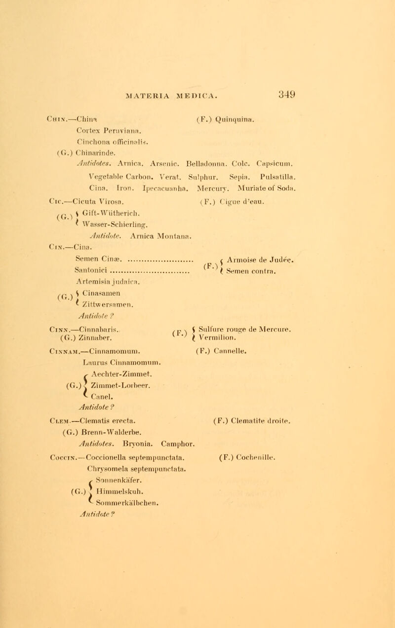 Chin.—-Chini (F.) Quinquina. Cortex Peruviana. Cinchona officinalis. (G.) Chinarinde. Antidotes. Arnica. Arsenic. Belladonna. Cole. Capsicum. Vegetable Carbon. Verat. Sulphur. Sepia. Pulsatilla. Cina. Iron. Ipecacuanha. Mercury. Muriate of Soda. Cic.—Cicuta Virosa. (F.) Cigue d'eau. .„ v \ Gift-Wutherich. ' Wasser-Schierlinff. ClN.- (G.) Antidote. Arnica Montana. Cina. Semen Cinse Santonici Artemisia judaiea. S Cinasamen (F.^ Aimoise de Judee. ( Semen contra. (F.) ' Zittwersamen. Antidote ? Cinn.—Cinnabaris. (G.) Zinnaber. Cinnam.—Cinnamomuni. Lauras Cinnamomuni Aechter-Zimmet ' Canel Antidote ? Clem.—Clematis erecta. (G.) Brenn-Walderbe. Antidotes. Bryonia. Camphor Coccin.—Coccionella septempunctata. ('hrysomela septempunctata. Sonnenkafer. S Sulfure rouge de Mercure. i£ Vermilion. (F.) Cannelle. c r.)< Zimmet-Lorbeer. (F.) Clematite droite. (F.) Cochenille. Sommerkalbchen. Antidote?