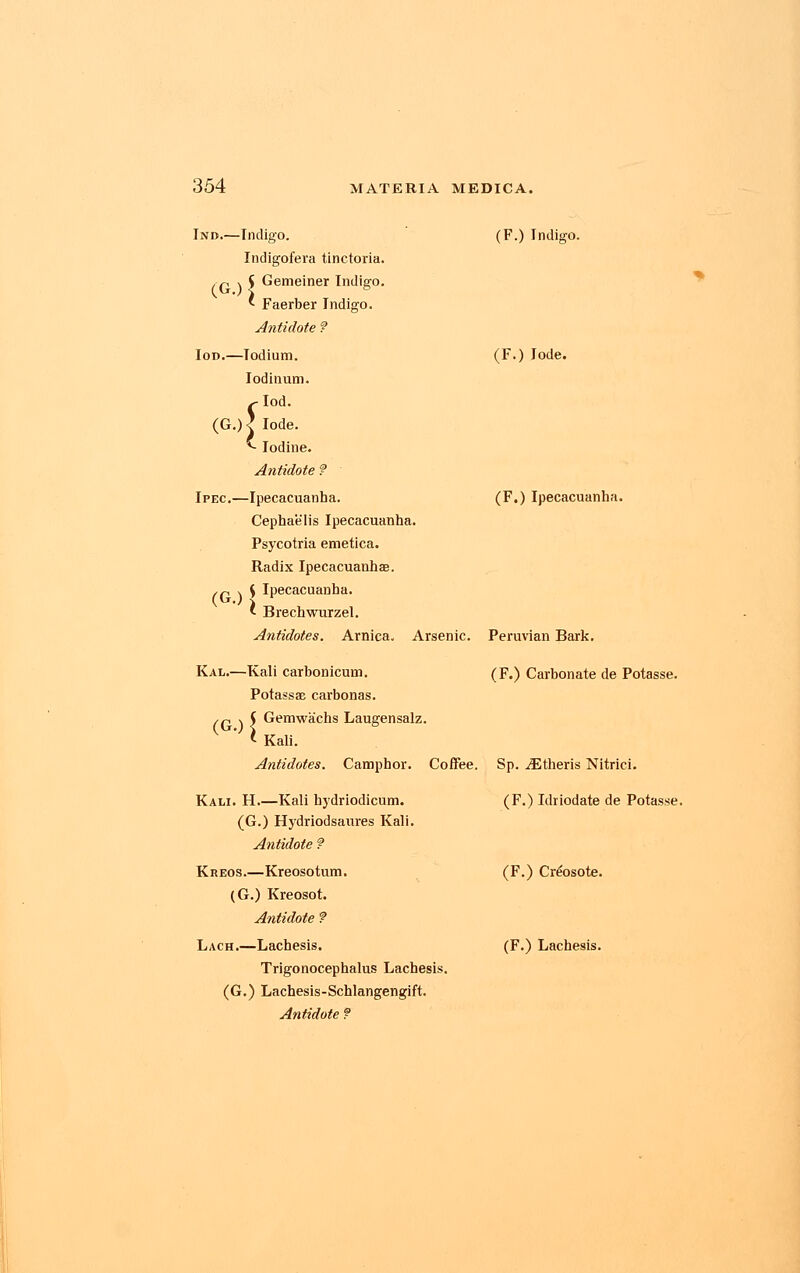 Ind.—Indigo. Indigofera tinctoria. . p x 5 Gemeiner Indigo. Faerber Indigo. Antidote ? IOD Todium. Iodinum. ^•Iod. (G.)< lode. ^- Iodine. Antidote ? (F.) Indigo. (F.) lode. Ipec. (G.) -Ipecacuanha. Cephaelis Ipecacuanha. Psycotria emetica. Radix Ipecacuanha. I Ipecacuanha. ' Brechwurzel. Antidotes. Arnica. (F.) Ipecacuanha. Arsenic. Peruvian Bark. Kal.—Kali carbonicum. (F.) Carbonate de Potasse. Potassae carbonas. Gemwachs Laugensalz. Kali. Antidotes. Camphor. Coffee. Sp. iEtheris Nitrici. (G-){ Kali. H.—Kali hydriodicum. (G.) Hydriodsaures Kali. Antidote ? Kreos.—Kreosotum. (G.) Kreosot. Antidote ? Lach.—Lachesis. Trigonocephalus Lachesis. (G.) Lachesis-Schlangengift. Antidote ? (F.) Idriodate de Potasse. (F.) Creosote. (F.) Lachesis.