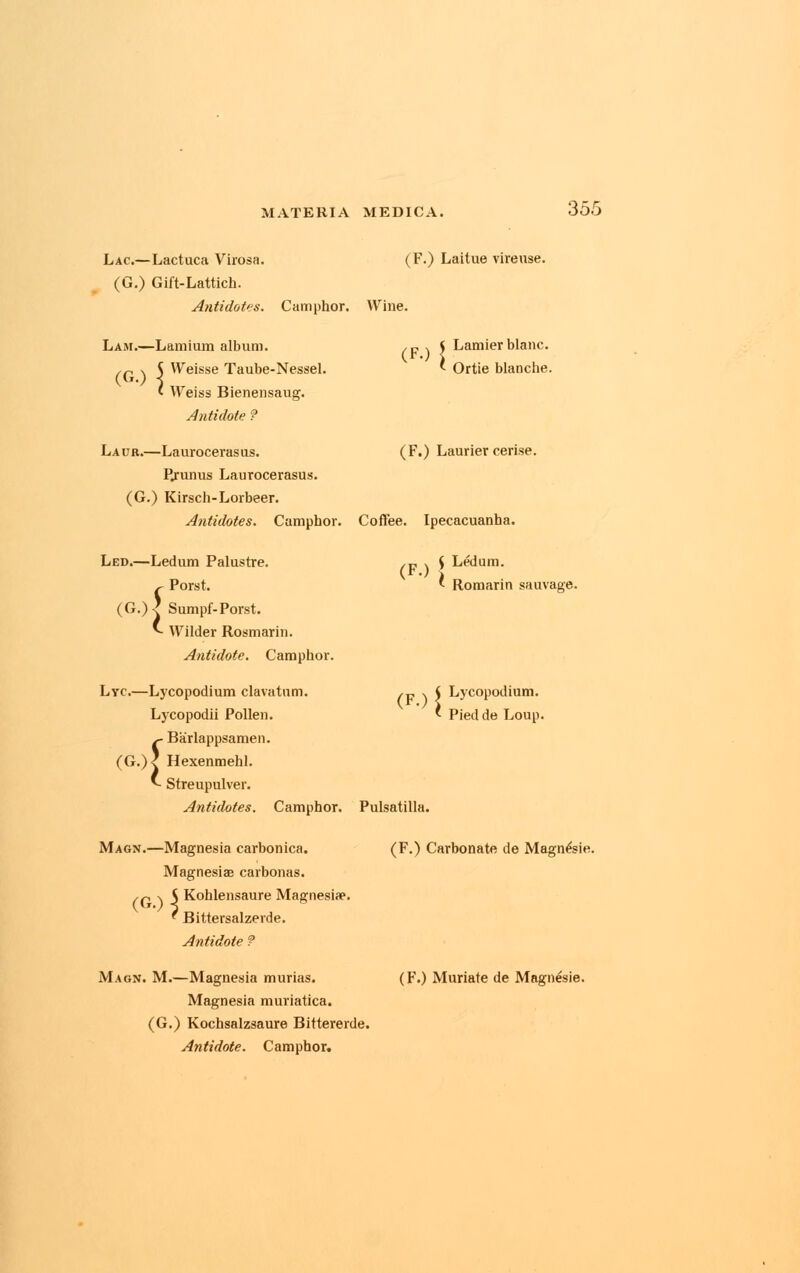 Lac—Lactuca Virosa. (F.) Laitue vireuse. (G.) Gift-Lattich. Antidotes. Camphor. Wine. Lam.—Lamium album. (C } \ Wefese Taube-Nessel. ' Weiss Bienensaug. Antidote ? (F-) \ Lamierblanc. Ortie blanche. (F.) Laurier cerise. Laur.—Laurocerasus. Pjrunus Laurocerasus. (G.) Kirsch-Lorbeer. Antidotes. Camphor. Coffee. Ipecacuanha. Led.—Ledum Palustre. £ Porst. (G.)< Sumpf-Porst. *• Wilder Rosmarin. Antidote. Camphor. ' Romarin sauvage. (F-) Lyc.—Lycopodium clavatum. Lycopodii Pollen. v- Barlappsamen. (G.)< Hexenmehl. *- Streupulver. Antidotes. Camphor. Pulsatilla. Lycopodium. Pied de Loup. Magn.—Magnesia carbonica. Magnesias carbonas. (F.) Carbonate de Magn&ie. (G.) S Kohlensaure Magnesia?. * Bittersalzerde. Antidote ? Magn. M.—Magnesia murias. Magnesia muriatica. (G.) Kochsalzsaure Bittererde. Antidote. Camphor. (F.) Muriate de Magnesie.