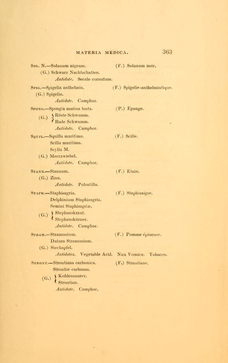 Sol. N.—Solatium nigrum. (G.) Schwarz Nachtschatten. Antidote. Secale cornutum. Spig.—Spigelia anthelmia. (G.) Spigelie. Antidote. Camphor. Spong.—Spongia marina tosta. MATERIA MEDICA. 363 (F.) Solatium noir. (G-) J S Roste Schwamm. Bade Schwamm. Antidote. Camphor. Squil.—Sqtiilla maritima. Scilla maritima. Scylla M. (G.) Meerzwiebel. Antidote. Camphor. Stann.—Stantium. (G.) Zinn. Antidote. Pulsatilla. (F.) Spigelie-anthelmintiqiie. (P.) Eponge. (F.) Scille. (F.) Etain. (F.) Staphisaigre. (F.) Pomme epiiieiisc. Staph.—Staphisagria. Delphinium Staphisagria. Semini Staphisagria?. . ~ v S Stephanskraut. ' Sttsphanskorner. Antidote. Camphor. St bam.—Stramonium. Datura Stramonium. (G.) Stechapfel. Antidotes. Vegetable Acid. Nux Vomica. Tobacco. Stbont.—Strontiana c«rbouica. (F.) Strontiane. Strontife carbonas, /n \ S Kohlensaurer. * Strontian. Antidote. Camphor.