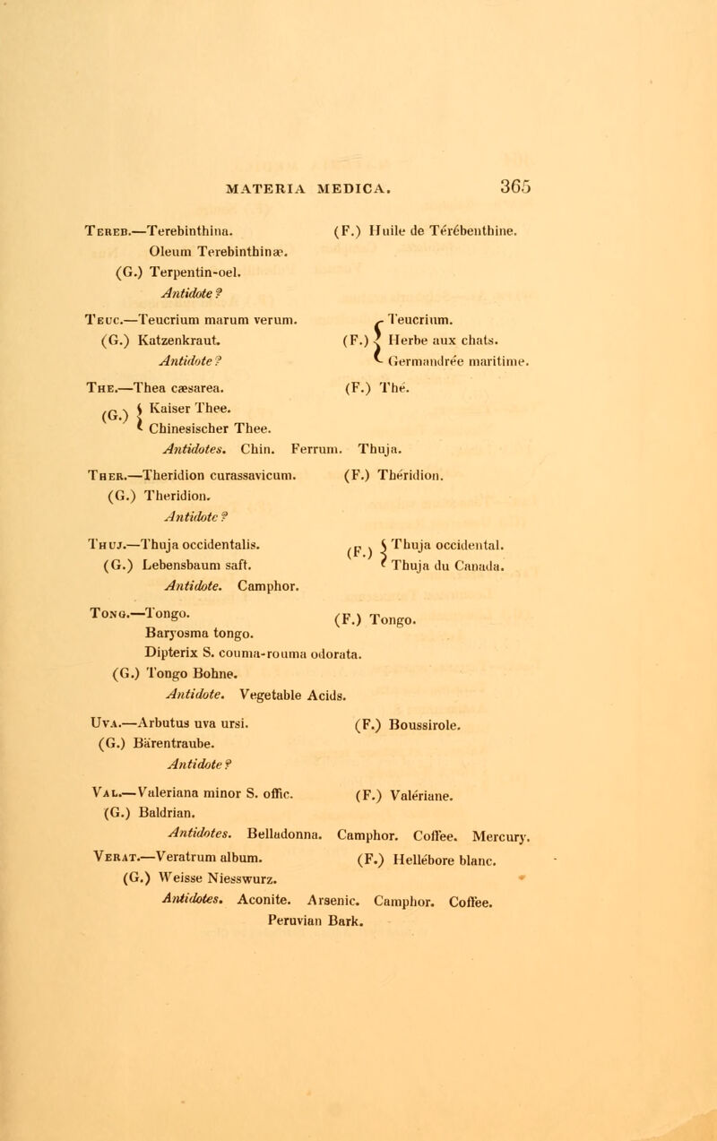 Tereb.—Terebinthina. (F.) Huile de Terebenthine. Oleum Terebinthinap. (G.) Terpentin-oel. Antidote ? Teuc.—Teucrium marum verum. ^ Teucrium. (G.) Katzenkraut. (F.) 7. Herbe aux chats. Antidote? *- Germandree maritime. (G.) ^ The.—Thea caesarea. (F.) The. J Kaiser Thee. Chinesischer Thee. Antidotes. Chin. Ferrum. Thuja. Ther.—Theridion curassavicum. (F.) Theridion. (G.) Theridion. Antidote ? Thuj.—Thuja occidentals. ,p . S Thuja occidental. (G.) Lebensbaum saft. f Thuja du Canada. Antidote. Camphor. TONO.-Tongo. (p } Tong0> Baryosma tongo. Dipterix S. couma-rouma odorata. (G.) Tongo Bohne. Antidote. Vegetable Acids. Uva.—Arbutus uva ursi. (F.) Boussirole. (G.) Barentraube. Antidote ? Val.— Valeriana minor S. offic. (F.) Valeriane. (G.) Baldrian. Antidotes. Belladonna. Camphor. Coftee. Mercury. Verat.—Veratrum album. (F.) Hellebore blanc. (G.) Weisse Niesswurz. Antidotes. Aconite. Arsenic. Camphor. Coftee. Peruvian Bark.