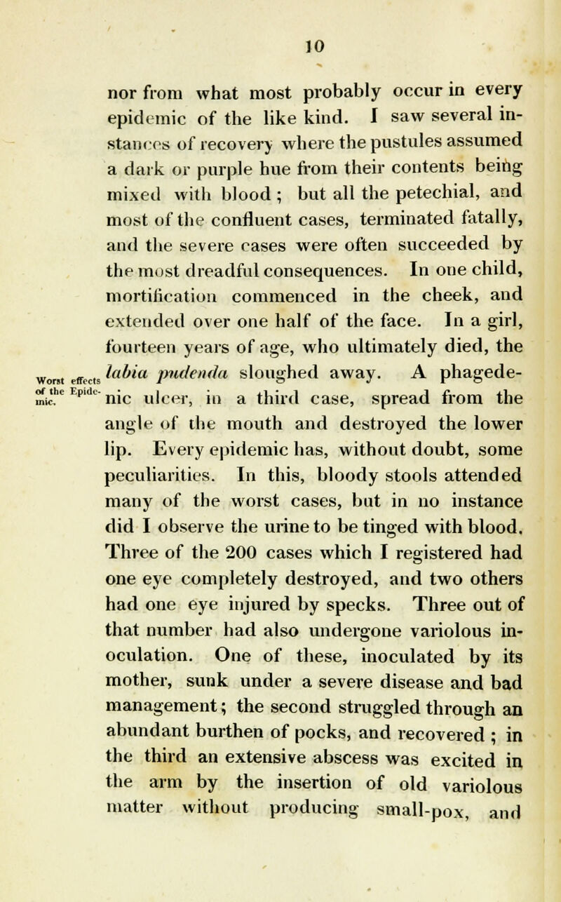 IIHC. nor from what most probably occur in every epidemic of the like kind. I saw several in- stances of recovery where the pustules assumed a dark or purple hue from their contents being mixed with blood ; but all the petechial, and most of the confluent cases, terminated fatally, and the severe cases were often succeeded by the must dreadful consequences. In one child, mortification commenced in the cheek, and extended over one half of the face. In a girl, fourteen years of age, who ultimately died, the wo«t effects ^a^la pndenda sloughed away. A phagede- pidc nic ulcer, in a third case, spread from the angle of the mouth and destroyed the lower lip. Every epidemic has, without doubt, some peculiarities. In this, bloody stools attended many of the worst cases, but in no instance did I observe the urine to be tinged with blood. Three of the 200 cases which I registered had one eye completely destroyed, and two others had one eye injured by specks. Three out of that number had also undergone variolous in- oculation. One of these, inoculated by its mother, sunk under a severe disease and bad management; the second struggled through an abundant burthen of pocks, and recovered ; in the third an extensive abscess was excited in the arm by the insertion of old variolous matter without producing small-pox, and