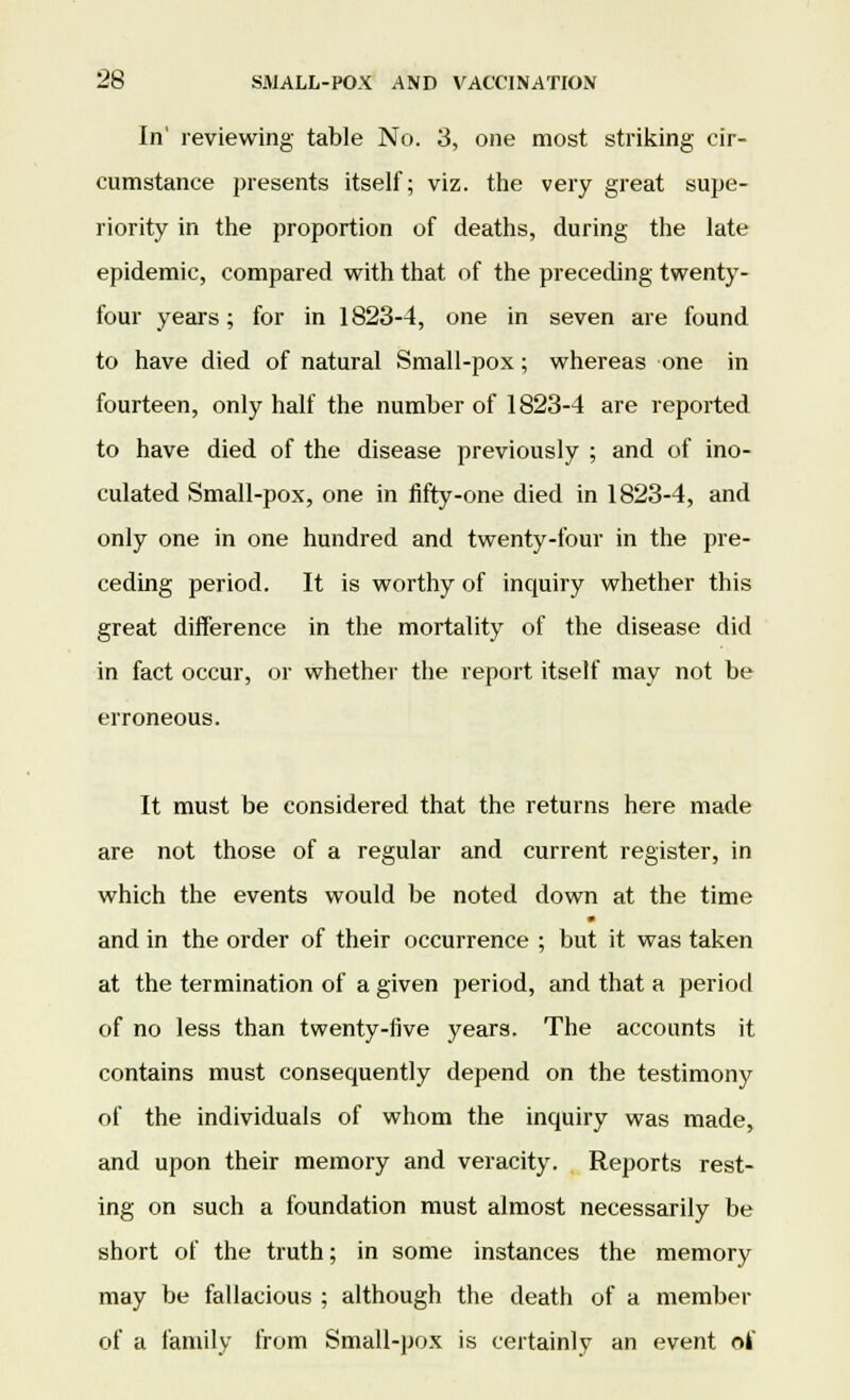In' reviewing table No. 3, one most striking cir- cumstance presents itself; viz. the very great supe- riority in the proportion of deaths, during the late epidemic, compared with that of the preceding twenty- four years; for in 1823-4, one in seven are found to have died of natural Small-pox; whereas one in fourteen, only half the number of 1823-4 are reported to have died of the disease previously ; and of ino- culated Small-pox, one in fifty-one died in 1823-4, and only one in one hundred and twenty-four in the pre- ceding period. It is worthy of incjuiry whether this great difference in the mortality of the disease did in fact occur, or whether the report itself may not be erroneous. It must be considered that the returns here made are not those of a regular and current register, in which the events would be noted down at the time and in the order of their occurrence ; but it was taken at the termination of a given period, and that a period of no less than twenty-five years. The accounts it contains must consequently depend on the testimony of the individuals of whom the inquiry was made, and upon their memory and veracity. Reports rest- ing on such a foundation must almost necessarily be short of the truth; in some instances the memory may be fallacious ; although the death of a member of a family from Small-pox is certainly an event of