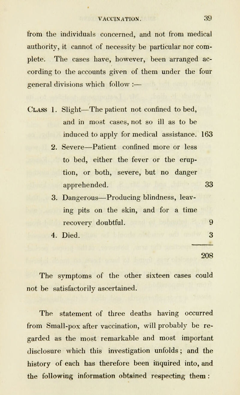 from the individuals concerned, and not from medical authority, it cannot of necessity he particular nor com- plete. The cases have, however, been arranged ac- cording to the accounts given of them under the four general divisions which follow :— Class 1. Slight—The patient not confined to bed, and in most cases, not so ill as to be induced to apply for medical assistance. 163 2. Severe—Patient confined more or less to bed, either the fever or the erup- tion, or both, severe, but no danger apprehended. 33 3. Dangerous—Producing blindness, leav- ing pits on the skin, and for a time recovery doubtful. 9 4. Died. 3 208 The symptoms of the other sixteen cases could not be satisfactorily ascertained. The statement of three deaths having occurred from Small-pox after vaccination, will probably be re- garded as the most remarkable and most important disclosure which this investigation unfolds; and the history of each has therefore been inquired into, and the following information obtained respecting them: