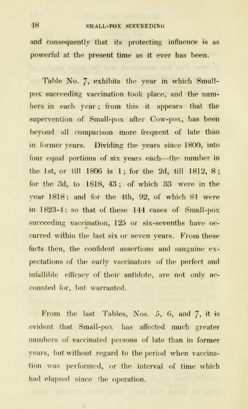 and consequently that its protecting influence is as powerful at the present time as it ever has been. Table No. J, exhibits the year in which Small- pox succeeding vaccination took place, and the num- bers in each year; from this it appears that the supervention of Small-pox after Cow-pox, has been beyond all comparison more frequent of late than in former years. Dividing the years since 1800, into four equal portions of six years each—the number in the 1st, or till 1806 is 1; for the 2d, till 1812, 8; for the 3d, to 1818, 43 ; of which 33 were in the year 1818; and for the 4th, 92, of which 84 were in 1823-4; so that of these 144 cases of Small-pox succeeding vaccination, 125 or six-sevenths have oc- curred within the last six or seven years. From these facts then, the confident assertions and sanguine ex- pectations of the early vaccinators of the perfect and infallible efficacy of their antidote, are not only ac- counted for, but warranted. From the last Tables, Nos. 5, 6, and J, it is evident that Small-pox has affected much greater numbers of vaccinated persons of late than in former years, but without regard to the period when vaccina- tion was performed, or the interval of time which had elapsed since Hie operation.