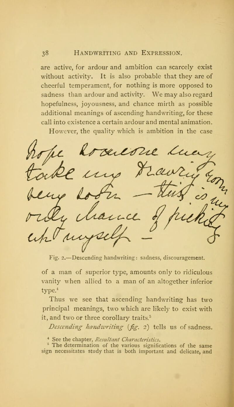 are active, for ardour and ambition can scarcely exist without activity. It is also probable that they are of cheerful temperament, for nothing is more opposed to sadness than ardour and activit}'. We may also regard hopefulness, joyousness, and chance mirth as possible additional meanings of ascending handwriting, for these call into existence a certain ardour and mental animation. However, the quality which is ambition in the case c^CC (^^V ^U^(^^J^^ Fig. 2.—Descending handwriting : sadness, discouragement. of a man of superior type, amounts only to ridiculous vanity when allied to a man of an altogether inferior type.' Thus we see that ascending handwriting has two principal meanings, two which are likely to exist with it, and two or three corollary traits.'' Descending ha^idwriting {fig. 2) tells us of sadness. * See the chapter, Resulta7tt Characteristics. ^ The determination of the various significations of the same sign necessitates study that is both important and delicate, and