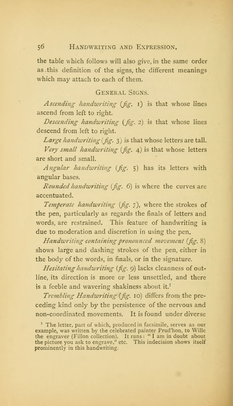 the table which follows will also give, in the same order as.this definition of the signs, the different meanings which may attach to each of them. General Signs. Ascending handwriting (Jig. i) is that whose lines ascend from left to right. Descending handzvriting {fig. 2) is that whose lines descend from left to right. Large handwriting {fig. 3) is that whose letters are tall. Very small handzvriting {fig. 4) is that whose letters are short and small. Ajigular Jiandzuriting {fig. 5) has its letters with angular bases. Rounded handwriting {fig. 6) is where the curves are accentuated. Temperate handwriting {fig. 7), where the strokes of the pen, particularly as regards the finals of letters and words, are restrained. This feature of handw^riting is due to moderation and discretion in using the pen. Handwriting containingpronoimced movement {fig. 8) shows large and dashing strokes of the pen, either in the body of the words, in finals, or in the signature. Hesitating handzvriting {fig. 9) lacks cleanness of out- line, its direction is more or less unsettled, and there is a feeble and wavering shakiness about it.' Trembling Handwriting {fig. 10) differs from the pre- ceding kind only by the persistence of the nervous and non-coordinated movements. It is found under diverse ' The letter, part of which, produced in facsimile, serves as our example, was written by the celebrated painter Prud'hon, to Wille the engraver (Fillon collection). It runs :  I am in doubt about the picture you ask to engrave, etc. This indecision shows itself prominently in this handwriting.