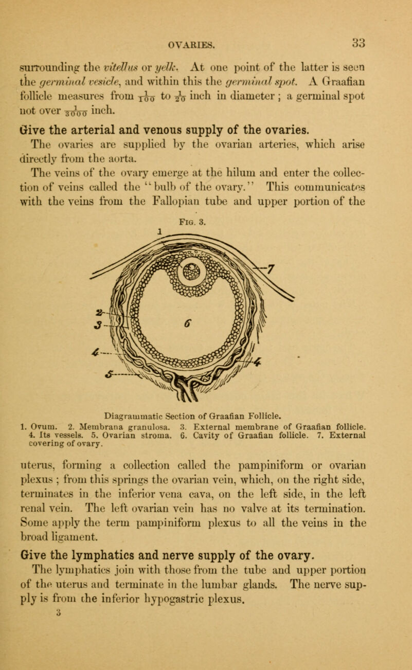 surrounding tbe mteOm or //<//»•. At one point of the latter is seen the germinal vesicle, and within this the germinal spot A Graafian follicle measures from you to ^ inch in diameter; a germinal spot not over ^^ inch. Give the arterial and venous supply of the ovaries. The ovaries are supplied by the ovarian arteries, which arise directly from the aorta. The veins of the ovary emerge at the hiluiu and enter the collec- tion of veins called the ''bulb of the ovary. This communicates with the veins from the Fallopian tube and upper portion of the Fig. 3. Diagrammatic Section of Graafian Follicle. 1. Ovum. 2. Membrana granulosa. 3. External membrane of Graafian follicle. 4. Its vessels. 5. Ovarian stroma. 6. Cavity of Graafian follicle. 7. External coveriDg of ovary. uterus, forming a collection called the pampiniform or ovarian plexus : from this springs the ovarian vein, which, on the right side, terminates in the inferior vena cava, on the left side, in the left renal vein. The left ovarian vein has no valve at its termination. Sonic apply the term pampiniform plexus to all the veins in the broad ligament. Give the lymphatics and nerve supply of the ovary. The lymphatics join with those from the tube and upper portion of the uterus and terminate in the lumbar glands. The nerve sup- ply is from the inferior hypogastric plexus. 3