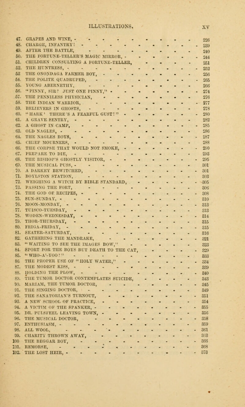 47. GRAPES AND WINS, 48. CHARGE, INFANTRY! .... 49. AFTER J UK BATTLE, .... 60. THE FORTUNE-TELLER'S MAGIC MIRROR, - 61. CHILDREN CONSULTING A FORTUNE-TELLER, 62. THE HUNTRESS, 63 THE ONONDAGA FARMER BOY, - 61. THE POLITE QUADRUPED, 55. TOl NG AIH.KNKTIIV, .... 66. PINNY, SIR! JUST ONE PINNY, • 57. THE PENNILESS PHYSICIAN, 68. THE INDIAN WARRIOR, 59. BELIEVERS IN GHOSTS, .... 60. HARK1 THERE'S A FEARFUL GUST! - 61. A GRATE BENTRY, 62. A GHOST IN CAMP, .... 63. OLD NAGLBS, 64. THE NAGLBS ROYS, .... 65. CHIEF MOURNEBS, 66. THE CORPSE THAT WOULD NOT SMOKE, - 67. PBEPABB TO DIE, 68. THE BISHOP'S GHOSTLY VISITOR, - 6D. THE MUSICAL PISS, 70. A DARKEY BEWITCHED, 71. BOYLSTON STATION, .... 72. WEIGHING A WITCH BY BIBLE STANDARD, 73. PASSING THE FORT, .... 74. THE GOD OF RECIPES, .... 75. SUN-SUNDAY, 76. MOON-JfONDAY, 77. TUISCO-TUESDAY, 78. WODEN-WEDNESDAY, .... 79. THOR-THUBSDAY, 80. FRIGA-FRIDAY, 81. SEATER-SATURDAY, .... 82. GATHERING THE MANDRAKE, 83. M WAITING TO 8EE THE IMAGES BOW, 84. SPORT FOR THE BOYS BUT DEATH TO TILE CAT 85.  WHO-A'-YOO ?;' 86 THE PROPER USE OP  HOLY WATER, 87. THE MODEST KISS, 88. HOLDING THE PLOW, - . ilE TCMOB DOCTOB CONTEMPLATES B& HARIAM, THE TUMOR DOCTOR, OR THE SINGING DOCTOR, 92. THE BANATORIAN'S TURNOUT, 93. A NEW SCHOOL of PRACTICE, 94. A VICTIM OF THE SPANKER, - 95. DR. PULSFEEL LEAVING TOWN, 96. THE MUSICAL DOCTOR, 97. ENTHUSIASM, - 98. ALL WOOL, 99. CHARITY THROWN AWAY, 100 THE BEGGAR BOY, 101. BBMOB8B, 102. THE LOsT HEIR, - SUICIDE, 226 239 240 244 251 252 266 265 2G6 274 276 277 278 280 282 285 286 287 288 2&0 293 295 301 301 303 305 306 308 310 313 313 314 315 315 316 321 323 329 333 334 339 340 343 345 349 351 354 355 356 358 359 361 868 373