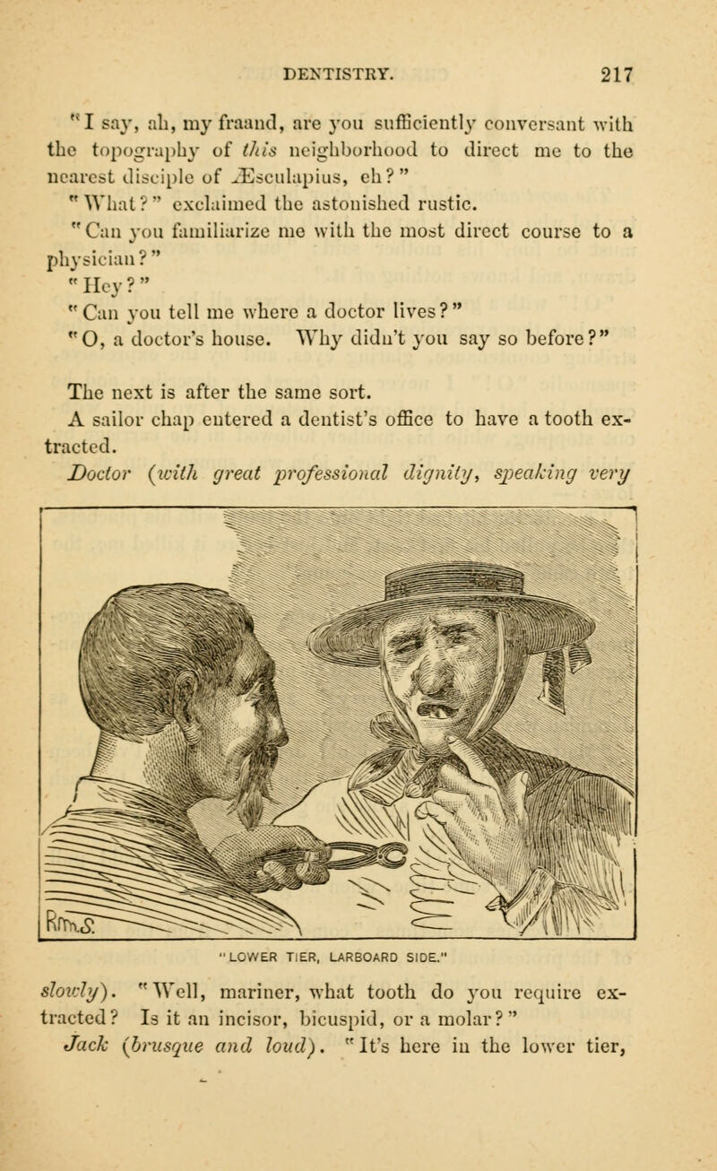,CI say, ah, my fraand, are you sufficientl}- conversant with the topography of this neighborhood to direct me to the nearest disciple of JEseulapius, eh? What? exclaimed the astonished rustic. Can you familiarize me with the most direct course to a physician? Hey?  Can you tell me where a doctor lives? O, a doctor's house. Why didn't you say so before? The next is after the same sort. A sailor chap entered a dentist's office to have a tooth ex- tracted. Doctor (with great professional dignity, speaking very LOWER TIER, LARBOARD SIDE slowly). Well, mariner, what tooth do you require ex- tracted? Is it an incisor, bicuspid, or a molar? Jack (brusque and loud). It's here iu the lower tier,