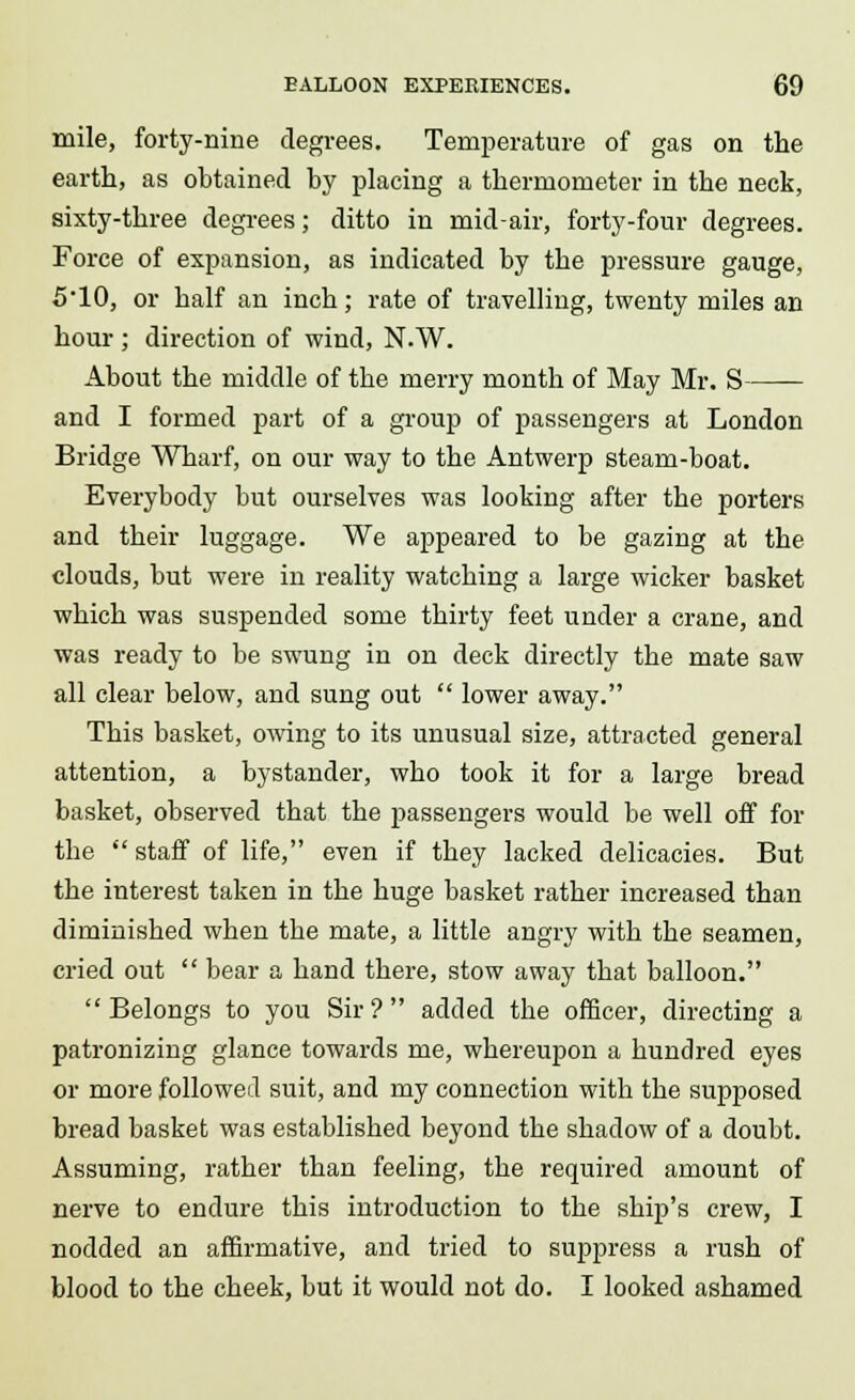 mile, forty-nine degrees. Temperature of gas on the earth, as obtained by placing a thermometer in the neck, sixty-three degrees; ditto in mid-air, forty-four degrees. Force of expansion, as indicated by the pressure gauge, 5*10, or half an inch; rate of travelling, twenty miles an hour ; direction of wind, N.W. About the middle of the merry month of May Mr. S and I formed part of a group of passengers at London Bridge Wharf, on our way to the Antwerp steam-boat. Everybody but ourselves was looking after the porters and their luggage. We appeared to be gazing at the clouds, but were in reality watching a large wicker basket which was suspended some thirty feet under a crane, and was ready to be swung in on deck directly the mate saw all clear below, and sung out  lower away. This basket, owing to its unusual size, attracted general attention, a bystander, who took it for a large bread basket, observed that the passengers would be well off for the staff of life, even if they lacked delicacies. But the interest taken in the huge basket rather increased than diminished when the mate, a little angry with the seamen, cried out  bear a hand there, stow away that balloon.  Belongs to you Sir ?  added the officer, directing a patronizing glance towards me, whereupon a hundred eyes or more followed suit, and my connection with the supposed bread basket was established beyond the shadow of a doubt. Assuming, rather than feeling, the required amount of nerve to endure this introduction to the ship's crew, I nodded an affirmative, and tried to suppress a rush of blood to the cheek, but it would not do. I looked ashamed