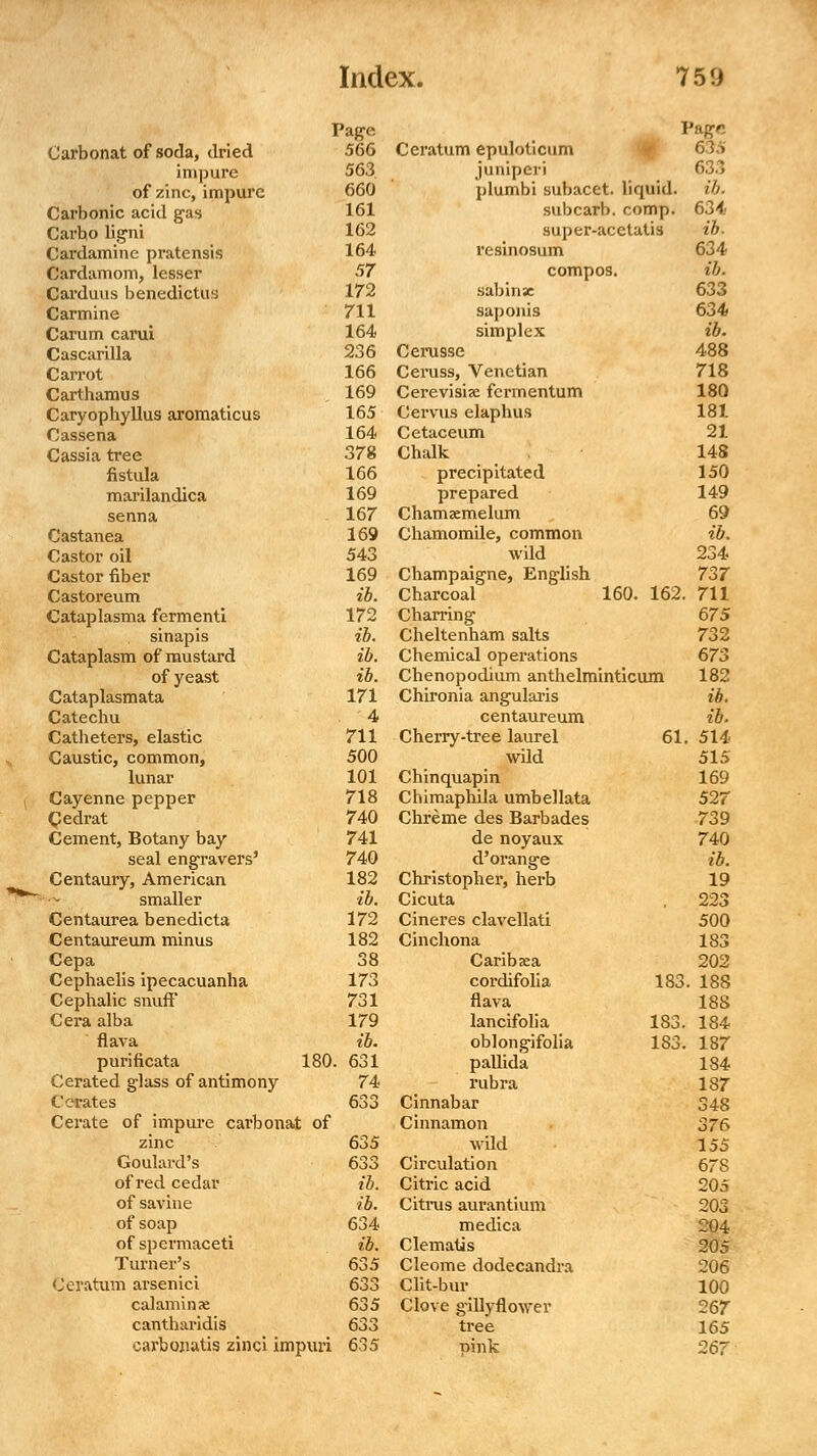 Carbonat of soda, dried 566 impure 563 of zinc, impure 660 Carbonic acid gas 161 Carbo ligni 162 Cardamine prate nsis 164 Cardamom, lesser 57 Carduus benedictus 172 Carmine 711 Carum carui 164 Cascarilla 236 CaiTot 166 Carthamus 169 Caryophyllus aromaticus 165 Cassena 164 Cassia tree 378 fistula 166 marilandica 169 senna 167 Castanea 169 Castor oil 543 Castor fiber 169 Castoreum ib. Cataplasma fermenti 172 sinapis ib. Cataplasm of mustard ib. of yeast ib. Cataplasmata 171 Catechu . '4 Catheters, elastic 711 Caustic, common, 500 lunar 101 Cayenne pepper 718 Cedrat 740 Cement, Botany bay 741 seal engravers' 740 Centaury, American 182 smaller ib. Centaurea benedicta 172 Centaureum minus 182 Cepa 38 Cephaelis ipecacuanha 173 Cephalic snuff 731 Cera alba 179 flava ib. purificata 180. 631 Cerated glass of antimony 74 Cerates 633 Cerate of impure carbonat of zinc 635 Goulard's 633 of red cedar ib. of savine ib. of soap 634 of spermaceti ib. Turner's 635 Ceratum ai'senici 633 calamine 635 cantharidis 633 earbonatis zinci impuri 635 Ceratum epuloticum 63.V juniperi 633 plumbi subacet. liquid, ib. subcarb. comp. 634 super-acetatis ib. resinosum 634 compos. ib. sabinse 633 saponis 634 simplex ib. Cerusse 488 Ceruss, Venetian 718 Cerevisi<e fcrmentum 180 Cervus elaphus 181 Cetaceum 21 Chalk 148 precipitated 150 prepared 149 Chamaemelum 69 Chamomile, common ib. wild 234 Champaigne, English 737 Charcoal 160. 162. 711 Charring 675 Cheltenham salts 732 Chemical operations 673 Chenopodium anthelminticum 182 Chironia angularis ib. centaureum ib. Cherry-tree laurel 61. 514 wild 515 Chinquapin 169 Chimaphila umbel lata 527 Chreme des Barbades 739 de noyaux 740 d'orange ib. Christopher, herb 19 Cicuta , 223 Cineres clavellati 500 Cinchona 183 Caribsea 202 cordifolia 183. 188 flava 188 lancifolia 183. 184 oblongifolia 183. 187 pallida 184 rubra 187 Cinnabar 348 Cinnamon 376 wild 155 Circulation 678 Citric acid 205 Citrus aurantium 203 medica 204 Clematis 205 Cleome dodecandra 206 Clit-bur 100 Clove gillyflower 267 tree 165 pink 267
