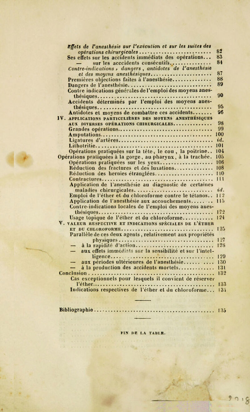 Effets de l'aneslhésie sur l'exécution et sur les suites des opérations chirurgicales 82 Ses effets sur les accidents immédiats des opérations... 83 — sur les acccidents consécutifs., 84 Contre-indications > dangers , antidotes de l'aneslhésie et des moyens aneslhésiques 87 Premières objections faites à l'aneslhésie <.. 88 Dangers de l'anesthésie 89 Contre indications générales de l'emploi des moyens anes- lhésiques 90 Accidents déterminés par l'emploi des moyens anes- lhésiques 95 Antidotes et moyens de combattre ces accidents 96 IV. APPLICATIONS PARTICULIÈRES DES MOYENS ANESTHÉSIQUES AUX DIVERSES OPÉRATIONS CHIRURGICALES 98 Grandes opérations 99 Amputations 100 Ligatures d'artères id. Lilhotritie 101 Opérations pratiquées sur la tète, le cou , la poitrine.. 104 Opérations pratiquées à la gorge, au pharynx, à la trachée. 105 Opérations pratiquées sur les yeux 106 Réduction des fractures cl des luxations 108 Réduction des hernies étranglées 110 Contractures lit Application de l'anesthésie au diagnostic de certaines maladies chirurgicales id. Emploi de l'élher et du chloroforme contre le tétanos.. 112 Application de l'aneslhésie aux accouchements 115 Contre-indications locales de l'emploi des moyens anes- lhésiques 122 Usage topique de l'élher et du chloroforme 124 V. VALEUR RESPF.CTIVE ET INDICATIONS SPECIALES DE L'ÉTIIëR ET DU CHLOROFORME I 25 Parallèle de ces deux agents , relativement aux propriétés physiques 127 — à la rapidité d'action ; I2S — aux effets immédiats sur la sensibilité et sur l'intel- ligence 129 — aux périodes ultérieures de l'aneslhésie 130 — à la production des accidents mortels 131 Conclusion 132 Cas exceptionnels pour lesquels il convient de réserver l'éther 133 Indications respectives de l'élher et du chloroforme... I3i Bibliographie 135 PIN IIE LA TAUIK. 9n