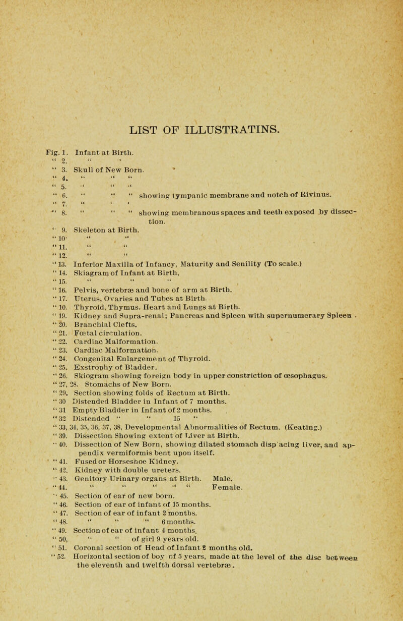 LIST OF ILLUSTRATINS. Fig. 1. Infant at Birth. *' 2. '■ *  3. Skull of New Born.  4.  5.  6.    showing tympanic membrane and notch of Kivinus.  7.  ' ' ■' 8. ■'   showing membranous spaces and teeth exposed by dissec- tion. ' 9. Skeleton at Birth.  10- 11.  12.  13. Inferior Maxilla of Infancy, Maturity and Senility (To scale.)  14. Skiagram of Infant at Birth, ■'15.  ,. ..  16. Pelvis, vertebrEe and bone of arm at Birth.  17. Uterus, Ovaries and Tubes at Birth.  10. Thyroid. Thymus. Heart and Lungs at Birth.  19. Kidney and Supra-renal; Pancreas and Spleen with supernumerary Spleen . 20. Branchial Clefts. 21. Foetal circulation. 22. Cardiac Malformation. 23. Cardiac Malformation.  24. Congenital Enlargement of Thyroid.  25, E.\strophy of Bladder.  26. Skiogram showing foreign body in upper constriction of oesophagus.  27, 28. Stomachs of New Born.  29. Section showing folds of Rectum at Birth.  .30 Distended Bladder in Infant of 7 months.  31 Empty Bladder in Infant of 2 months. 32 Distended   15  33, 34. 3.1, 36, 37, 38, Developmental Abnormalities of Rectum. (Keating.)  39. Dissection Showing extent of Liver at Birth. ■■ 40. Dissection of New Born, showing dilated stomach disp'acing liver, and ap- pendix vermiformis bent upon itself. ■ 41. Fused or Horseshoe Kidney.  42. Kidney with double ureters. ■• 43. Genitory Urinary organs at Birth. Male.  44.      Female. ■ 45. Section of ear of new born.  46. Section of ear of infant of 15 months.  47. Section of ear of infant 2 months. 48.    emonths.  49. Section of ear of infant 4 months.  50,   of girl 9 years old.  51. Coronal section of Head of Infant 2 months old. 52. Horizontal section of boy of 5 years, made at the level of the disc between the eleventh and twelfth dorsal vertebrae.