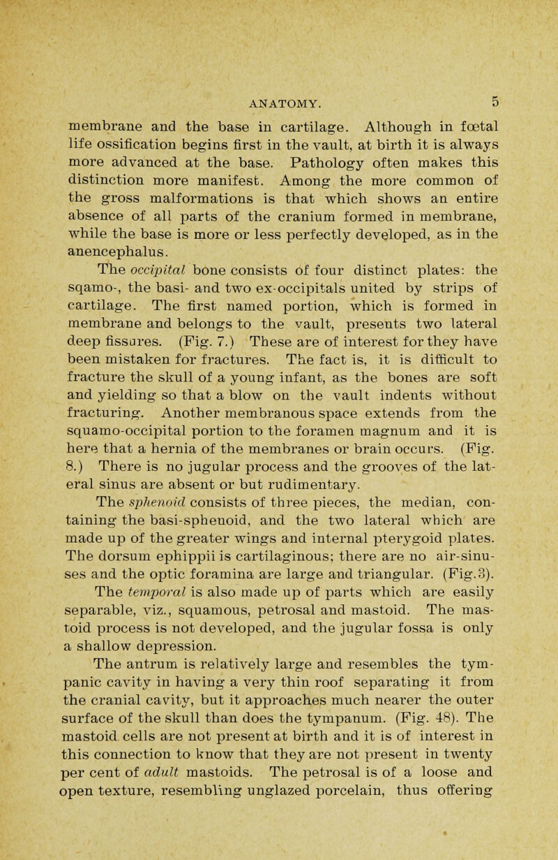 membrane and the base in cartilage. Although in foetal life ossification begins first in the vault, at birth it is always more advanced at the base. Pathology often makes this distinction more manifest. Among the more common of the gross malformations is that which shows an entire absence of all jiarts of the cranium formed in membrane, while the base is more or less perfectly developed, as in the anencephalus. The occipital bone consists of four distinct plates: the sqamo-, the basi- and two ex-occipitals united by strips of cartilage. The first named portion, which is formed in membrane and belongs to the vault, presents two lateral deep fissjres. (Fig. 7.) These are of interest for they have been mistaken for fractures. The fact is, it is difficult to fracture the skull of a young infant, as the bones are soft and yielding so that a blow on the vault indents without fracturing. Another membranous space extends from the squamo-occipital portion to the foramen magnum and it is here that a hernia of the membranes or brain occurs. (Pig. 8.) There is no jugular process and the grooves of the lat- eral sinus are absent or but rudimentary. The sphenoid consists of three pieces, the median, con- taining the basi-sphenoid, and the two lateral which are made up of the greater wings and internal pterygoid plates. The dorsum ephippiiis cartilaginous; there are no air-sinu- ses and the optic foramina are large and triangular. (Pig.3). The temporal is also made up of parts which are easily separable, viz., squamous, petrosal and mastoid. The mas- toid process is not developed, and the jugular fossa is only a shallow depression. The antrum is relatively large and resembles the tym- panic cavity in having a very thin roof separating it from the cranial cavity, but it apjDroaches much nearer the outer surface of the skull than does the tympanum. (Pig. 48). The mastoid cells are not present at birth and it is of interest in this connection to know that they are not present in twenty per cent of adult mastoids. The petrosal is of a loose and open texture, resembling unglazed porcelain, thus offering