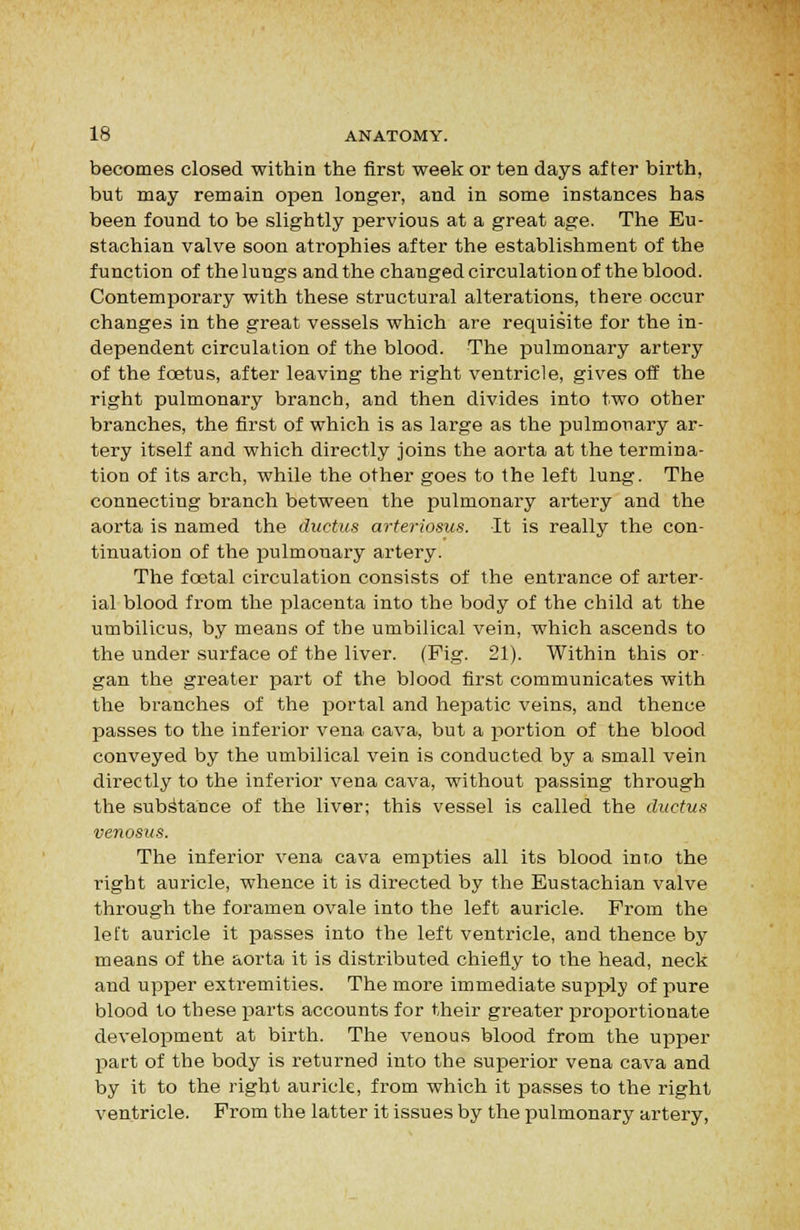 becomes closed within the first week or ten days after birth, but may remain open longer, and in some instances has been found to be slightly pervious at a great age. The Eu- stachian valve soon atrophies after the establishment of the function of the lungs and the changed circulation of the blood. Contemporary with these structural alterations, there occur changes in the great vessels which are requisite for the in- dependent circulation of the blood. The pulmonary artery of the foetus, after leaving the right ventricle, gives otf the right pulmonary branch, and then divides into two other branches, the first of which is as large as the pulmonary ar- tery itself and which directly joins the aorta at the termina- tion of its arch, while the other goes to the left lung. The connecting branch between the pulmonary artery and the aorta is named the ductus arteriosus. It is really the con- tinuation of the pulmonary artery. The foetal circulation consists of the entrance of arter- ial blood from the placenta into the body of the child at the umbilicus, by means of the umbilical vein, which ascends to the under surface of the liver. (Fig. 21). Within this or gan the greater part of the blood first communicates with the branches of the portal and hepatic veins, and thence passes to the inferior vena cava, but a i^ortion of the blood conveyed by the umbilical vein is conducted by a small vein directly to the inferior vena cava, without passing through the substance of the liver; this vessel is called the ductus venosus. The inferior vena cava empties all its blood into the right auricle, whence it is directed by the Eustachian valve through the foramen ovale into the left auricle. From the left auricle it passes into the left ventricle, and thence by means of the aorta it is distributed chiefly to the head, neck and upper extremities. The more immediate supply of pure blood to these parts accounts for their greater proportionate development at birth. The venous blood from the upper part of the body is returned into the superior vena cava and by it to the right auricle, from which it passes to the right ventricle. From the latter it issues by the pulmonary artery.