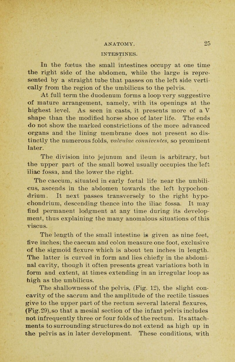 INTESTINES. In the foetus the small intestines occupy at one time the right side of the abdomen, while the large is repre- sented by a straight tube that passes on the left side verti- cally fx'om the region of the umbilicus to the pelvis. At full term the duodenum forms a loop very suggestive of mature arrangement, namely, with its openings at the highest level. As seen in casts, it presents more of a V shape than the modified horse shoe of later life. The ends do not show the marked constrictions of the more advanced organs and the lining membrane does not present so dis- tinctly the numerous folds, valvulae conniventes, so i^rominent later. The division into jejunum and ileum is arbitrary, but the upper part of the small bowel usually occupies the left iliac fossa, and the lower the right. The caecum, situated in early foetal life near the umbili- cus, ascends in the abdomen towards the left hypochon- drium. It next passes transversely to the right hypo- chondrium, descending thence into the iliac fossa. It may find permanent lodgment at any time during its develop- ment, thus explaining the many anomalous situations of this viscus. The length of the small intestine is given as nine feet, five inches; the caecum and colon measure one foot, exclusive of the sigmoid flexure which is about ten inches in length. The latter is curved in form and lies chiefly in the abdomi- nal cavity, though it often presents great variations both in form and extent, at times extending in an irregular loop as high as the umbilicus. The shallowness of the pelvis, (Fig. 12), the slight con- cavity of the sacrum and the amplitude of the rectile tissues give to the upper part of the rectum several lateral flexures, (Pig. 29), so that a mesial section of the infant pelvis includes not infrequently three or four folds of the rectum. Its attach- ments to surrounding structures do not extend as high \x\i in the pelvis as in later development. These conditions, with