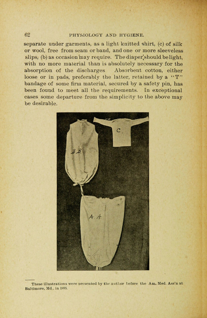 separate under garments, as a light knitted shirt, (c) of silk or wool, free from seam or band, and one or more sleeveless slips, (b) as occasion may require. The diaper] should be light, with no more material than is absolutely necessary for the absorption of the discharges Absorbent cotton, either loose or in pads, preferably the latter, retained by a T bandage of some firm material, secured by a safety pin, has been found to meet all the requirements. In exceptional cases some dejiarture fx'om the simplicity to the above may be desirable. These illustrations were presented by the author before the Am, Med. Ass'n at Baltimore, Md.. in 1H95.