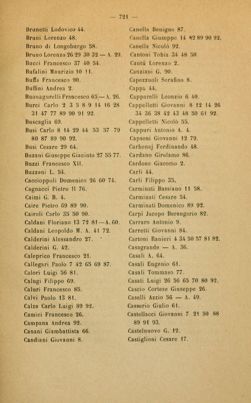 - 7-2! - Brunetti Lodovico 44. Bruni Lorenzo 48. Bruno di Longoburgo 58. Bruno Lorenzo 26 99 30 39 — \ 99. Bucci Francesco 37 40 54. Bufalini Maurizio 10 ! I. Buffa Francesco 90. Bulli ni Andrea 2. Buonagurelli Francesco 65—A. 86. Burci Carlo 2 3 5 8 9 li 16 98 31 47 77 89 90 91 92. Buscaglia 69. Busi Carlo 8 14 29 44 53 57 7'.) 80 87 89 90 92. Busi Cesare 29 64. Buzani Giuseppe Giacinto 27 55 77. Buzzi Francesco XII. Buzzoni L. 54. Caccioppoli Domenico 26 60 74. Cagnacci Pietro II 76. Cai mi G. B. 4. Caire Pietro 69 89 90. Cairo li Carlo 35 50 90. Caldani Floriano 13 72 81 —A. 60. Caldani Leopoldo M. A. 41 72. Calderini Alessandro 27. Calderini G. 42. Caleprico Francesco 21. Cai lega ri Paolo 7 42 65 69 87. Calori Luigi 56 81. Calugi Filippo 69. Caluri Francesco 85. Calvi Paolo 13 81. Calza Carlo Luigi 89 92. Camici Francesco 26. Campana Andrea 92. Canani Giambattista 66. Candiani Giovanni 8. (alleila Benigno 87. nella Giuseppe li M B9 90 <;mella Nicolo Cantoni Tobia 34 48 SO < aiihi I mi/ i J, Canziam (i. 90. Capezzuoli Se rafia Cappa 44. Capparelli Leonzio 6 40. Cappelletti Giovanni 8 12 li 16 34 36 38 19 43 48 50 61 99 Cappelletti Nicolò 55. (appuri Antonio A. 4. Capsoni Giovanni 12 79. Carbonaj Ferdinando 48. Cardano Girolamo 86. Cardonc Giacomo 2. Carli 44. Carli Filippo 35. Carminali Bassiano 11 58 Carminati Cesare 54. Carminati Domenico 89 92. Carpi Jacopo Berengario 82. Carraro Antonio 9. Carretti Giovanni 84. Cartoni Ranieri 4 34 50 57 81 89. Casagrande — A. 36. Casali A. 64. Casali Eugenio 61. Casali Tommaso 77. Casati Luigi 26 56 65 70 80 92. Cascio Cortese Giuseppe 26. Caselli Azzio 56 — A. 49. Casserio Giulio 61. Castellacci Giovanni 7 21 50 H8 89 91 93. Castelnuovo G. 12. Castiglioni Cesare 17.