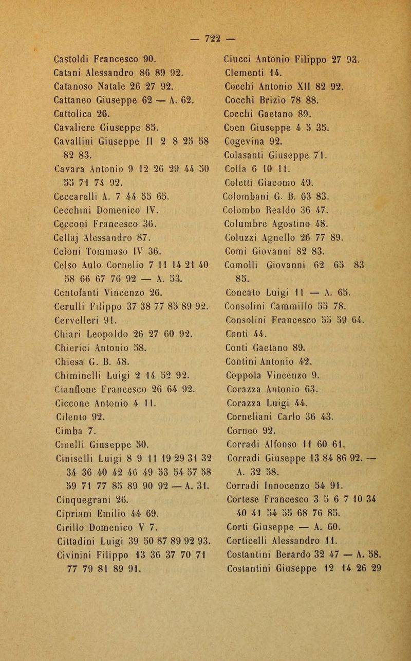 Castoldi Francesco 90. Catani Alessandro 86 89 92. Catanoso Natale 26 27 92. Cattaneo Giuseppe 62 — A. 62. Cattolica 26. Cavaliere Giuseppe 85. Cavallini Giuseppe II 2 8 25 58 82 83. Cavara Antonio 9 12 26 29 44 50 55 71 74 92. Cecca rei li A. 7 44 55 65. Cecchini Domenico IV. Cecconi Francesco 36. Cellaj Alessandro 87. Celoni Tommaso IV 36. Celso Aulo Cornelio 7 11 14 21 40 58 66 67 76 92 — A. 53. Centofanti Vincenzo 26. Cerulli Filippo 37 38 77 85 89 92. Cervelleri 91. Chiari Leopoldo 26 27 60 92. Chierici Antonio 58. Chiesa G. B. 48. Chiminelli Luigi 2 14 52 92. Cianflone Francesco 26 64 92. Ciccone Antonio 4 11. Cilento 92. Cimba 7. Cinelli Giuseppe 50. Ciniselli Luigi 8 9 11 19 29 31 32 34 36 40 42 46 49 53 54 57 58 59 71 77 85 89 90 92 — A. 31. Cinquegrani 26. Cipriani Emilio 44 69. Cirillo Domenico V 7. Cittadini Luigi 39 50 87 89 92 93. Civinini Filippo 13 36 37 70 71 77 79 81 89 91. Ciucci Antonio Filippo 27 93. Clementi 14. Cocchi Antonio XII 82 92. Cocchi Brizio 78 88. Cocchi Gaetano 89. Coen Giuseppe 4 5 35. Cogevina 92. Colasanti Giuseppe 71. Colla 6 10 II. Coletti Giacomo 49. Colombani G. B. 63 83. Colombo Bealdo 36 47. Columbre Agostino 48. Coluzzi Agnello 26 77 89. Comi Giovanni 82 83. Comolli Giovanni 62 65 83 85. Concato Luigi 11 — A. 65. Consolini Cammillo 55 78. Consolini Francesco 55 59 04. Conti 44. Conti Gaetano 89. Contini Antonio 42. Coppola Vincenzo 9. Corazza Antonio 63. Corazza Luigi 44. Corneliani Carlo 36 43. Corneo 92. Corradi Alfonso 11 60 61. Corradi Giuseppe 13 84 86 92. — A. 32 58. Corradi Innocenzo 54 91. Cortese Francesco 3 5 6 7 10 34 40 41 54 55 68 76 85. Corti Giuseppe — A. 60. Corticelli Alessandro 11. Costantini Berardo 32 47 — A. 58. Costantini Giuseppe 12 14 26 29