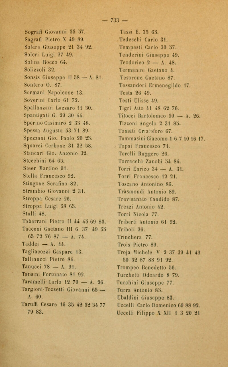 Sografi Giovanni 55 57. Sografi Pietro X 49 89. Solerà Giuseppe 21 34 92. Soleri Luigi 27 49. Solina Hocco G4. Solizzoli 32. Sonsis Giuseppe II 58 — A. 81. Sontero 0. 87. Sorniani Napoleone 13. Soverini Carlo 01 72. Spallanzani Lazzaro II 50. Spantigati G. 29 30 44. Sperino Casimiro 2 33 48. Spessa Augusto 53 71 89. Spezzaci Gio. Paolo 20 25. Squarci Cerbone 31 32 58. Stancari Gio. Antonio 32. Stecchini G4 65. Steer Martino 91. Stella Francesco 92. Stingono Serafino 82. Slrambio Giovanni 2 31. Stroppa Cesare 2G. Stroppa Luigi 58 65. Stulli 48. Tabarrani Pietro II 44 45 69 85. Tacconi Gaetano III 6 37 49 55 65 72 76 87 — A. 74. Taddei — A. 44. Tagliacozzi Gaspare 13. Tallinucci Pietro 84. Tanucci 78 — A. 91. Tansini Fortunato 81 92. Taramelli Carlo 12 70 — A. 26. Targioni-Tozzetti Giovanni 65 — A. 60. Tarulli Cesare 16 35 42 52 54 77 79 83. Tassi E. 35 65. Tedeschi Carlo 31. IV in pesti Carlo 30 57. Tendermi Giuseppe 49. Teodorico 2 — A. /.X. Termanini Gaetano 4. Tesorom; Gaetano 87. Tessandori Ermenegildo 17. Testa 26 i'.i. Testi Ulisse 4'.). Tigri Alto 41 48 62 76. Tilocci Bartolomeo 50 — A. 26. Tizzoni Angelo 2 31 85. Tornati Crisloforo 67. Tommasini Giacomo 1 6 7 10 16 17. Topai Francesco 71. Torelli Ruggero 26. Torracchi Zanobi 54 84. Torri Enrico 34 — A. 31. Torri Francesco 12 21. Toscano Antonino 86. Trasmondi Antonio 89. Trevisanalo Candido 87. Trezzi Antonio 42. Torri Nicola 77. Trilioni Antonio 61 92. Triboli 26. Trincherà 77. Trois Pietro 89. Troja Michele V 2 :;7 3'.) 41 42 50 52 87 88 91 92. Trompco Benedetto 56. Turchelli Odoardo 8 79. Turchini Giuseppe 77. Turra Antonio 85. Ubaldini Giuseppe 83. Uccelli Carlo Domenico 69 88 02. Uccelli Filippo X XII I 3 20 21