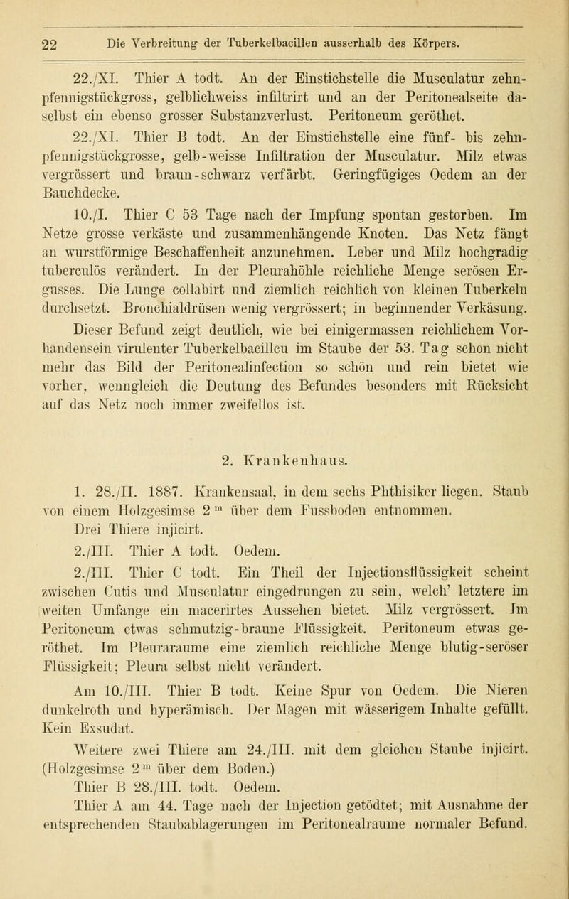 22./XI. Thier A todt. An der Einstichstelle die Musculatur zehn- pfennigstückgross, gelblichweiss infiltrirt und an der Peritonealseite da- selbst ein ebenso grosser Substanzverlust. Peritoneum geröthet. 22./XI. Thier B todt. An der Einstichstelle eine fünf- bis zehn- pfennigstückgrosse, gelb-weisse Infiltration der Musculatur. Milz etwas vergrössert und braun - schwarz verfärbt. Geringfügiges Oedem an der Bauchdecke. 10./I. Thier C 53 Tage nach der Impfung spontan gestorben. Im Netze grosse verkäste und zusammenhängende Knoten. Das Netz fängt an wurstförmige Beschaffenheit anzunehmen. Leber und Milz hochgradig tuberculüs verändert. In der Pleurahöhle reichliche Menge serösen Er- gusses. Die Lunge collabirt und ziemlich reichlich von kleinen Tuberkeln durchsetzt. Bronchialdrüsen wenig vergrössert; in beginnender Verkäsung. Dieser Befund zeigt deutlich, wie bei einigermassen reichlichem Vor- handensein virulenter Tuberkelbacillcu im Staube der 53. Tag schon nicht mehr das Bild der Peritonealinfection so schön und rein bietet wie vorher, wenngleich die Deutung des Befundes besonders mit Rücksicht auf das Netz noch immer zweifellos ist. 2. Krankenhaus. 1. 28./IL 1887. Krankensaal, in dem sechs Phthisiker liegen. Staub von einem Holzgesimse 2 m über dem Pussboden entnommen. Drei Thiere injicirt. 2./III. Thier A todt. Oedem. 2./III. Thier C todt. Ein Theil der Injectionsflüssigkeit scheint zwischen Cutis und Musculatur eingedrungen zu sein, welch' letztere im weiten Umfange ein macerirtes Aussehen bietet. Milz vergrössert. Im Peritoneum etwas schmutzig-braune Flüssigkeit. Peritoneum etwas ge- röthet. Im Pleuraräume eine ziemlich reichliche Menge blutig-seröser Flüssigkeit; Pleura selbst nicht verändert. Am 10./III. Thier B todt. Keine Spur von Oedem. Die Nieren dimkelroth und hyperämisch. Der Magen mit wässerigem Inhalte gefüllt. Kein Exsudat. Weitere zwei Thiere am 24./III. mit dem gleichen Staube injicirt. (Holzgesimse 2m über dem Boden.) Thier B 28./III. todt. Oedem. Thier A am 44. Tage nach der Injection getödtet; mit Ausnahme der entsprechenden Staubablagerungen im Peritonealraume normaler Befund.