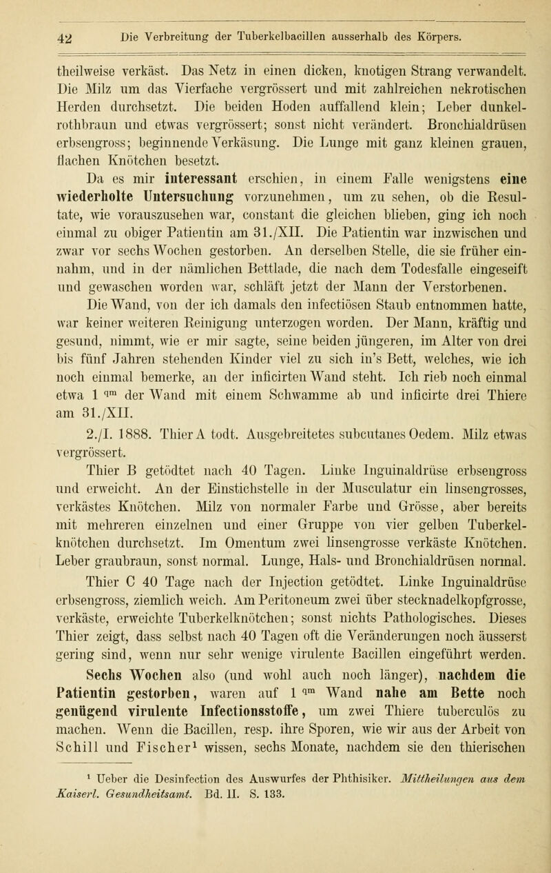 theilweise verkäst. Das Netz in einen dicken, knotigen Strang verwandelt. Die Milz um das Vierfache vergrössert und mit zahlreichen nekrotischen Herden durchsetzt. Die beiden Hoden auffallend klein; Leber dunkel- rothbraun und etwas vergrössert; sonst nicht verändert. Bronchialdrüsen erbsengross; beginnende Verkäsung. Die Lunge mit ganz kleinen grauen, flachen Knötchen besetzt. Da es mir interessant erschien, in einem Falle wenigstens eine wiederholte Untersuchung vorzunehmen, um zu sehen, ob die Besul- tate, wie vorauszusehen war, constant die gleichen blieben, ging ich noch einmal zu obiger Patientin am 31./XII. Die Patientin war inzwischen und zwar vor sechs Wochen gestorben. An derselben Stelle, die sie früher ein- nahm, und in der nämlichen Bettlade, die nach dem Todesfalle eingeseift und gewaschen worden war, schläft jetzt der Mann der Verstorbenen. Die Wand, von der ich damals den infectiösen Staub entnommen hatte, war keiner weiteren Beinigung unterzogen worden. Der Mann, kräftig und gesund, nimmt, wie er mir sagte, seine beiden jüngeren, im Alter von drei bis fünf Jahren stehenden Kinder viel zu sich in's Bett, welches, wie ich noch einmal bemerke, an der inficirten Wand steht. Ich rieb noch einmal etwa 1 qm der Wand mit einem Schwämme ab und inficirte drei Thiere am 31./XII. 2./I. 1888. Thier A todt. Ausgebreitetes subcutanes Oedem. Milz etwas vergrössert. Thier B getödtet nach 40 Tagen. Linke Inguinaldrüse erbsengross und erweicht. An der Einstichstelle in der Musculatur ein linsengrosses, verkästes Knötchen. Milz von normaler Farbe und Grösse, aber bereits mit mehreren einzelnen und einer Gruppe von vier gelben Tuberkel- knötchen durchsetzt. Im Omentum zwei linsengrosse verkäste Knötchen. Leber graubraun, sonst normal. Lunge, Hals- und Bronchialdrüsen normal. Thier C 40 Tage nach der Injection getödtet. Linke Inguinaldrüse erbsengross, ziemlich weich. Am Peritoneum zwei über stecknadelkopfgrosse, verkäste, erweichte Tuberkelknötchen; sonst nichts Pathologisches. Dieses Thier zeigt, dass selbst nach 40 Tagen oft die Veränderungen noch äusserst gering sind, wenn nur sehr wenige virulente Bacillen eingeführt werden. Sechs Wochen also (und wohl auch noch länger), nachdem die Patientin gestorben, waren auf 1 qm Wand nahe am Bette noch genügend virulente Infectionsstoffe, um zwei Thiere tuberculös zu machen. Wenn die Bacillen, resp. ihre Sporen, wie wir aus der Arbeit von Schill und Fischer1 wissen, sechs Monate, nachdem sie den thierischen 1 Ueber die Desiufection des Auswurfes der Phthisiker. Mittheilungen aus dem Kaiserl. Gesundheitsamt. Bd. IL S. 133.