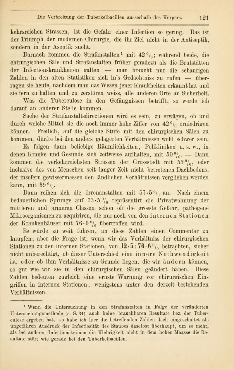 kehrsreichen Strassen, ist die Gefahr einer Infection so gering. Das ist der Triumph der modernen Chirurgie, die ihr Ziel nicht in der Antiseptik, sondern in der Aseptik sucht. Darnach kommen die Strafanstalten1 mit 42 °/0; während beide, die chirurgischen Säle und Strafanstalten früher geradezu als die Brutstätten der Infectionskrankheiten galten — man braucht nur die schaurigen Zahlen in den alten Statistiken sich in's Gedächtniss zu rufen — über- ragen sie heute, nachdem man das Wesen jener Krankheiten erkannt hat und sie fern zu halten und zu zerstören weiss, alle anderen Orte an Sicherheit. Was die Tuberculose in den Gefängnissen betrifft, so werde ich darauf an anderer Stelle kommen. Sache der Strafanstaltsdirectionen wird es sein, zu erwägen, ob und durch welche Mittel sie die noch immer hohe Ziffer von 42 °/0 erniedrigen können. Freilich, auf die gleiche Stufe mit den chirurgischen Sälen zu kommen, dürfte bei den anders gelagerten Verhältnissen wohl schwer sein. Es folgen dann beliebige Räumlichkeiten, Polikliniken u. s. w., in denen Kranke und Gesunde sich zeitweise aufhalten, mit 50 °/0. — Dann kommen die verkehrreichsten Strassen der Grossstadt mit 55°/o, oder inclusive des von Menschen seit langer Zeit nicht betretenen Dachbodens, der insofern gewissermassen den ländlichen Verhältnissen verglichen werden kann, mit 39 °/0. Dann reihen sich die Irrenanstalten mit 57-5°/0 an- Nach einem bedauerlichen Sprunge auf 73 • 5 °/0 repräsentirt die Privatwohnung der mittleren und ärmeren Gassen schon oft die grösste Gefahr, pathogene Mikroorganismen zu acquiriren, die nur noch von den internen Stationen der Krankenhäuser mit 76 • 6 °/0 übertroffen wird. Es würde zu weit führen, an diese Zahlen einen Commentar zu knüpfen; aber die Frage ist, wenn wir das Verhältniss der chirurgischen Stationen zu den internen Stationen, von 12-5: 76-6 °/0 betrachten, sicher nicht unberechtigt, ob dieser Unterschied eine innere Nothwendigkeit ist, oder ob ihm Verhältnisse zu Grunde liegen, die wir ändern können, so gut wie wir sie in den chirurgischen Sälen geändert haben. Diese Zahlen bedeuten zugleich eine ernste Warnung vor chirurgischen Ein- griffen in internen Stationen, wenigstens unter den derzeit bestehenden Verhältnissen. 1 Wenn die Untersuchung in den Strafanstalten in Folge der veränderten Untersuchungsmethode (s. S. 34) auch keine brauchbaren Eesultate bez. der Tuber- culose ergeben hat, so habe ich hier die betreffenden Zahlen doch eingeschaltet als ungefähren Ausdruck der Infectiosität des Staubes daselbst überhaupt, um so mehr, als bei anderen Infectionskeimen die Klebrigkeit nicht in dem hohen Maasse die Re- sultate stört wie gerade bei den Tuberkelbacillen.