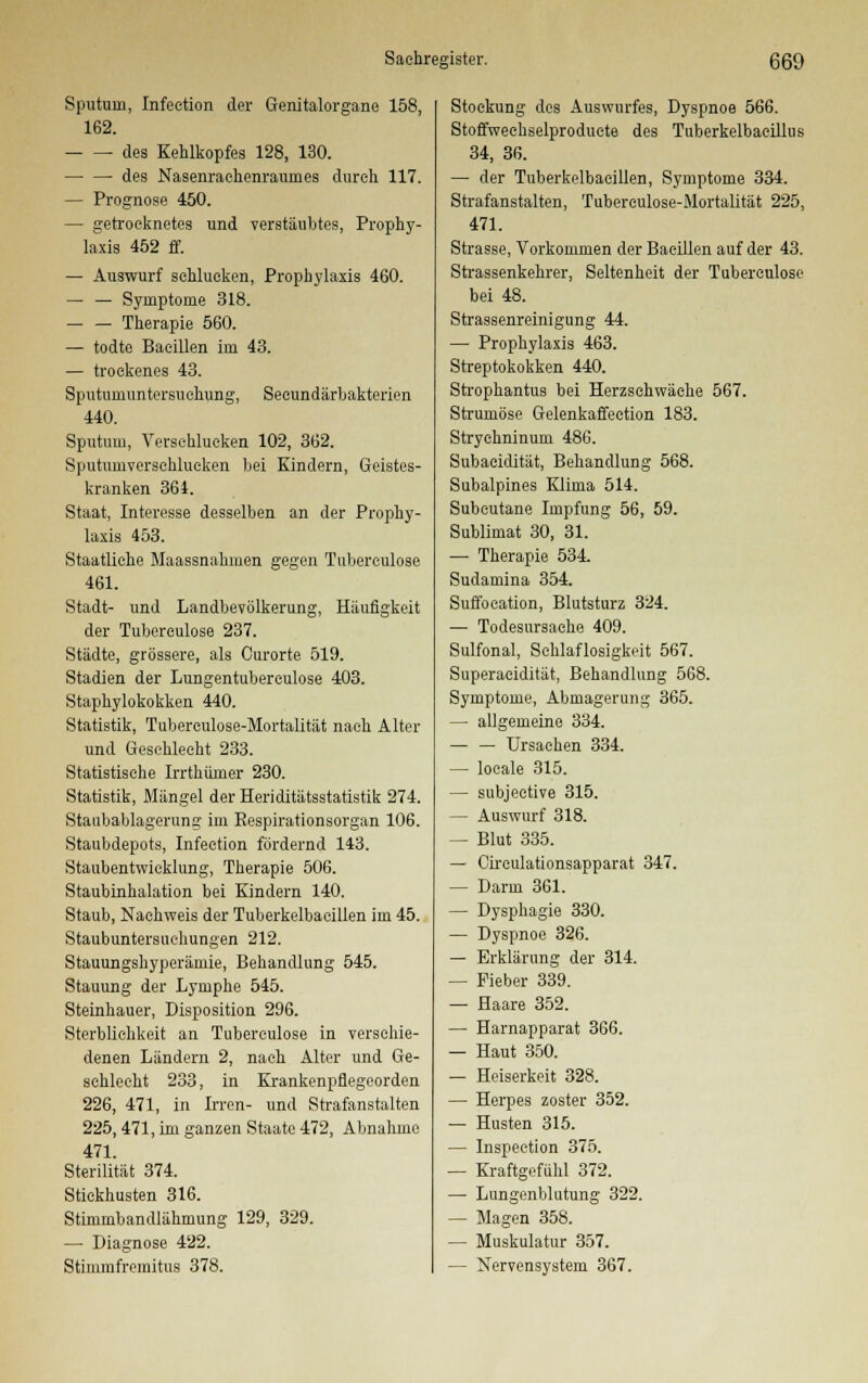 Sputum, Infeetion der Genitalorgane 158, 162. des Kehlkopfes 128, 130. des Nasenrachenraumes durch 117. — Prognose 450. — getrocknetes und verstäubtes, Prophy- laxis 452 ff. — Auswurf schlucken, Prophylaxis 460. — — Symptome 318. Therapie 560. — todte Bacillen im 43. — trockenes 43. Sputumuntorsuchung, Secundärbakterien 440. Sputum, Verschlucken 102, 362. Sputumverschlueken bei Kindern, Geistes- kranken 364. Staat, Interesse desselben an der Prophy- laxis 453. Staatliehe Maassnahmen gegen Tuberculose 461. Stadt- und Landbevölkerung, Häufigkeit der Tubereulose 237. Städte, grössere, als Ourorte 519. Stadien der Lungentuberculose 403. Staphylokokken 440. Statistik, Tubereulose-Mortalität nach Alter und Geschlecht 233. Statistische Irrthümer 230. Statistik, Mängel der Heriditätsstatistik 274. Staubablagerung im Respirationsorgan 106. Staubdepots, Infeetion fördernd 143. Staubentwicklung, Therapie 506. Staubinhalation bei Kindern 140. Staub, Nachweis der Tuberkelbacillen im 45. Staubuntersuchungen 212. Stauungsliyperämie, Behandlung 545. Stauung der Lymphe 545. Steinhauer, Disposition 296. Sterblichkeit an Tuberculose in verschie- denen Ländern 2, nach Alter und Ge- schlecht 233, in Krankenpflegeorden 226, 471, in Irren- und Strafanstalten 225,471, im ganzen Staate 472, Abnahme 471. Sterilität 374. Stickhusten 316. Stimmbandlähmung 129, 329. — Diagnose 422. Stimmfremitus 378. Stockung dos Auswurfes, Dyspnoe 566. Stoffwechselproduete des Tuberkelbacillus 34, 36. — der Tuberkelbacillen, Symptome 334. Strafanstalten, Tuberculose-Mortalität 225, 471. Strasse, Vorkommen der Bacillen auf der 43. Strassenkehrer, Seltenheit der Tuberculose bei 48. Strassenreinigung 44. — Prophylaxis 463. Streptokokken 440. Strophantus bei Herzschwäche 567. Strumöse Gelenkaffection 183. Stryehninum 486. Subacidität, Behandlung 568. Subalpines Klima 514. Subcutane Impfung 56, 59. Sublimat 30, 31. —■ Therapie 534. Sudamina 354. Suffocation, Blutsturz 324. — Todesursache 409. Sulfonal, Schlaflosigkeit 567. Superaeidität, Behandlung 568. Symptome, Abmagerung 365. — allgemeine 334. — — Ursachen 334. — loeale 315. — subjeetive 315. — Auswurf 318. — Blut 335. — Circulationsapparat 347. — Darm 361. — Dysphagie 330. — Dyspnoe 326. — Erklärung der 314. — Fieber 339. — Haare 352. — Harnapparat 366. — Haut 350. — Heiserkeit 328. — Herpes zoster 352. — Husten 315. — Inspeetion 375. — Kraftgefuhl 372. — Lungenblutung 322. — Magen 358. — Muskulatur 357. — Nervensystem 367.