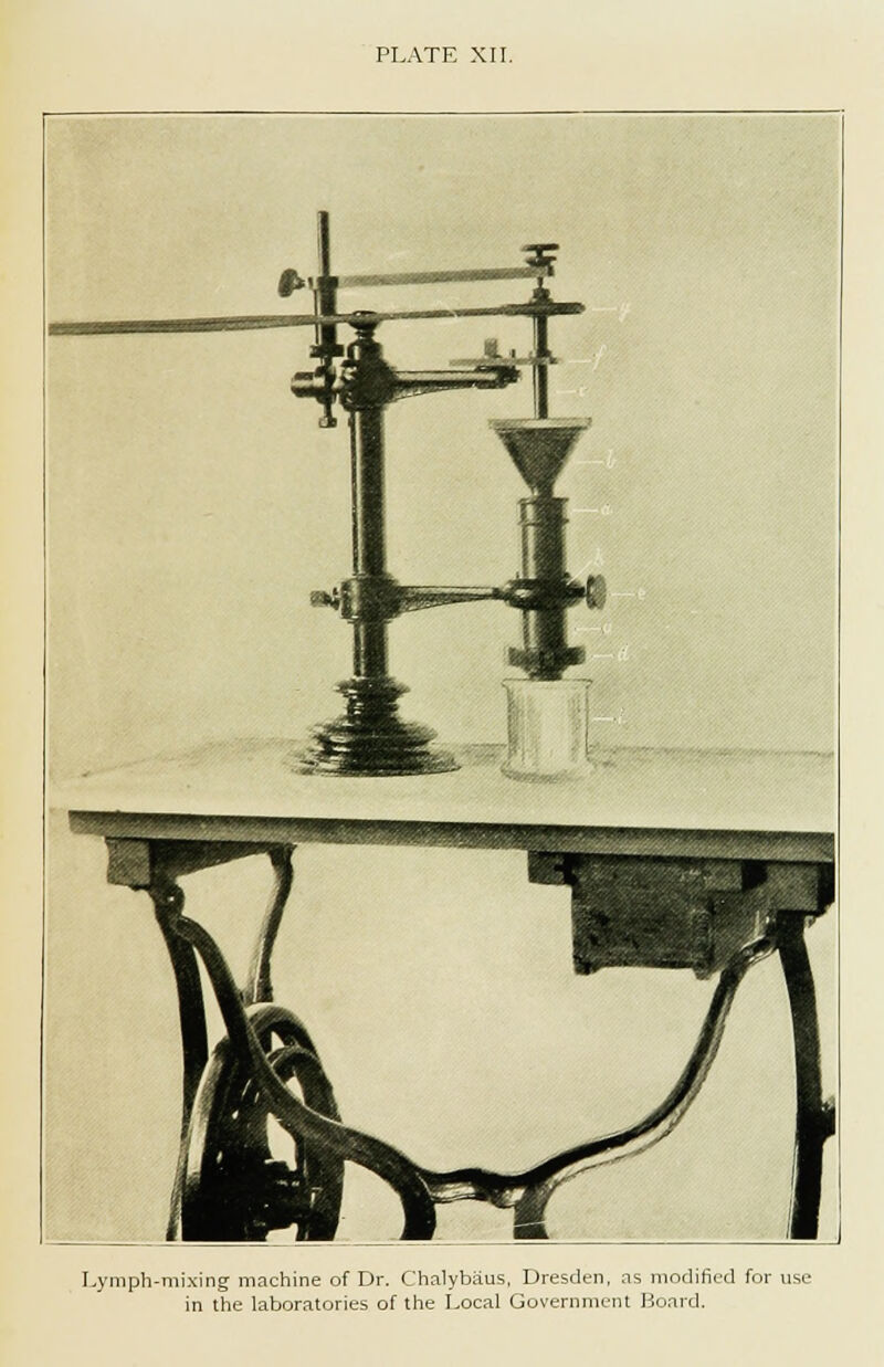 PLATE XII. Lymph-mixing machine of Dr. Chalybaus, Dresden, as modified for use in the laboratories of the Local Government Board.