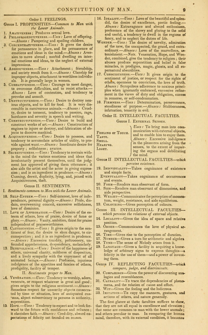 Order I. FEELINGS. Genus I. PROPENSITIES—Common to Man with the Lower Animals. 1. Amativeness ; Produces sexual love. 2. Philoprogenitiveness.—Uses: Love of offspring. —Abuses : Pampering and spoiling children. 3. Concentrativeness.—Uses: It gives the desire for permanence in place, and for permanence of emotions and ideas in the mind.—Abuses: Aver- sion to move abroad ; morbid dwelling on inter- nal emotions and ideas, to the neglect of external impressions. 4. Adhesiveness.—Uses : Attachment; friendship, and society result from it.—Abuses: Clanship for improper objects, attachment to worthless individu- als. It is generally large in women. 5. Combativeness.—Uses: Courage to meet danger, to overcome difficulties, and to resist attacks.— Abuses : Love of contention, and tendency to provoke and assault. 3. Destructiveness.—Uses: Desire to destroy nox- ious objects, and to kill for food. It is very dis- cernible in carnivorous animals.—Abuses: Cruel- ty, desire to torment, tendency to passion, rage, harshness and severity in speech and writing. 7. Constructiveness.—Uses: Desire to build and construct works of art.—Abuses : Construction of engines to injure or destroy, and fabrication of ob- jects to deceive mankind. 8. Acquisitiveness.—Uses: Desire to possess, and tendency to accumulate articles of utility, to pro- vide against want.—Abuses : Inordinate desire for property ; selfishness ; avarice. 9. Secretiveness.— Uses: Tendency to restrain with- in the mind the various emotions and ideas that involuntarily present themselves, until the judg- ment has approved of giving them utterance; it also aids the artist and the actor in giving expres- sion ; and is an ingredient in prudence.—Abuses: Cunning, deceit, duplicity, lying, and, joined with Acquisitiveness, theft. Genus II. SENTIMENTS. I. Sentiments common to Man with the Lower Animals. 10. Self-Esteem.— Uses: Self-interest, love of inde- pendence, personal dignity.—Abuses: Pride, dis- dain, overweening conceit, excessive selfishness, love of dominion. 11. Love of Approbation.— Uses: Desire of the es- teem of others, love of praise, desire of fame or glory.—Abuses . Vanity, ambition, thirst for praise independent of praiseworthiness. 12. Cautiousness.—Uses : It gives origin to the sen- timent of fear, the desire to shun danger, to cir- cumspection ; and it is an ingredient in prudence. —Abuses: Excessive timidity, poltroonery, un- founded apprehensions, despondency, melancholy. 13. Benevolence.—Uses : Desire of the happiness of others, universal charity, mildness of disposition, and a lively sympathy with the enjoyment of all animated beings.—Abuses : Profusion, injurious indulgence of the appetites and fancies of others, prodigality, facility of temper. II. Sentiments proper to Man. .4. Veneration.—Uses: Tendency to worship, adore, venerate, or respect whatever is great and good ; gives origin to the religious sentiment.—Abuses : Senseless respect for unworthy objects consecra- ted by time or situation, love of antiquated cus- *oins, abject subserviency to persons in authority, superstition. 15 Hope.— Uses: Tendency to expect and to look for- ward to the future with confidence and reliance ; it cherishes faith.—Abuses : Credulity, absurd ex- pectations of felicity not founded on reason. 1G. Ideality.—Uses: Love of the beautiful and splen- did, the desire of excellence, poetic feeling.— Abuses: Extravagance and absurd enthusiasm, preference of the showy and glaring to the solid and useful, a tendency to dwell in the regions of fancy, and to neglect the duties of life. Wonder.— Uses: The desire of novelty, admiration of the new, the unexpected, the grand, and extra- ordinary.—Abuses: Love of the marvellous, as- tonishment.—Note. Veneration, Hope, and Won- der, combined, give the tendency to religion ; their abuses produce superstition and belief in false miracles, in prodigies, magic, ghosts, and all su- pernatural absurdities. 17. Consciousness.—Uses: It gives origin to the sentiment of justice, or respect for the rights of others, openness to conviction, the love of truth. Abuses: Scrupulous adherence to noxious princi- ples when ignorantly embraced, excessive refine- ment in the views of duty and obligation, excess in remorse, or self-condemnation. 18. Firmness.— Uses: Determination, perseverance, steadiness of purpose.—Abuses : Stubbornness, infatuation; tenacity in evil. Order II. INTELLECTUAL FACULTIES. Genus I. External Senses. Uses: To bring man into com- Feeling or Touch. Taste. Smell. Hearing. Light. inunication with external objects, and to enable him to enjoy them. Abuses: Excessive indulgence in the pleasures arising from the senses, to the extent of impair- 19. 22 23 ing the organs and debilitating J the mind. Genus II INTELLECTUAL FACULTIES—which perceive existence. Individuality—Takes cognizance of existence and simple facts. Eventuality—Takes cognizance of occurrences and events. . Form—Renders man observant of form. . Size—Renders man observant of dimensions, and aids perspective. . Weight—Communicates the perception of momea- tum, weight, resistance, and aids equilibrium. . Colouring—Gives perception of colours. Genus III. INTELLECTUAL FACULTIES— which perceive the relations of external objects. 24. Locality—Gives the idea of space and relative position. 25. Order—Communicates the love of physical ar- rangement. 26. Time—Gives rise to the perception of duration. 27. Number—Gives a turn for arithmetic and algebra 28. Tune—The sense of Melody arises from it. 29. Language—Gives a facility in acquiring a know- ledge of arbitrary signs to express thoughts—a felicity in the use of them—and a power of invent- ing them. Genus IV. REFLECTING FACULTIES—which compare, judge, and discriminate. Comparison—Gives the power of discovering ana- logies and resemblances. Causality—To trace the dependencies of pheno- mena, .and the relation of cause and effect. 32. Wit—Gives the feeling and the ludicrous. 33. Imitation—To copy the manners, gestures, and actions of others, and nature generally. The first glance at these faculties suffices to show, that they are not all equal in excellence and elevation ; that some are common to man with the lower animals; and others peculiar to man. In comparing the human mind, therefore, with its external condition, it becomes 30 31