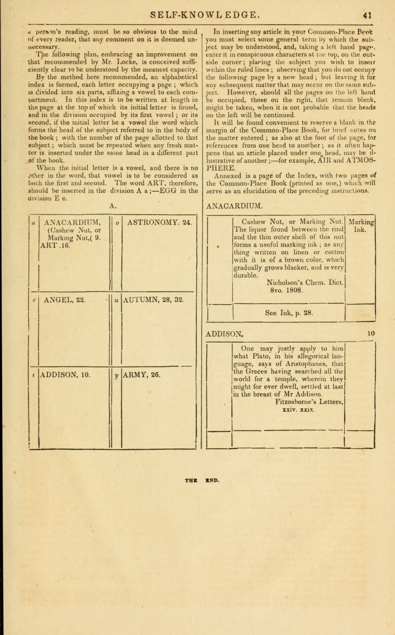 must be so obvious to the mind any comment on it is deemed un- d person's reading, of every reader, that necessary. The following plan, embracing an improvement on that recommended by Mr. Locke, is conceived suffi- ciently clear to be understood by the meanest capacity. By the method here recommended, an alphabetical index is formed, each letter occupying a page ; which is divided into six parts, affixing a vowel to each com- partment. In this index is to be written at length in the page at the top of which its initial letter is found, and in the division occupied by its first vowel ; or its second, if the initial letter be a vowel the word which forms the head of the subject referred to in the body of the book ; with the number of the page allotted to that subject; which must be repeated when any fresh mat- ter is inserted under the same head in a different part of the book. When the initial letter is a vowel, and there is no other in the word, that vowel is to be considered as both the first and second. The word ART, therefore, should be inserted in the division A a ;—EGG in the division E e. A. a ANACARDIUM, (Cashew Nut, or Marking Nut,( 9. ART. 16. 0 ASTRONOMY. 24. c ANGEL, 22. u AUTUMN, 28, 32. i 1 ADDISON, 10. V ARMY, 26. In inserting any article in your Common-Place Book you must select some general term by which the sub- ject may be understood, and, taking a left hand pag>'. enter it in conspicuous characters at trie top, on the out- side corner; placing the subject you wish to inseif within the ruled lines ; observing that you do not occupy the following page by a new head ; but leaving it for any subsequent matter that may occur on the same sub- ject. However, should all the pages on the left hand be occupied, those on the right, that remain blank, might be taken, when it is not probable ihat the heads on the left will be continued. It will be found convenient to reserve a blank in the margin of the Common-Place Book, for brief notes on the matter entered ; as also at the foot of the page, for references from one head to another; as it often hap- pens that an article placed under one# head, may be il- lustrative of another ;—for example, AIR and ATMOS- PHERE. Annexed is a page of the Index, with two pages of the Common-Place Book (printed as one,) which will serve as an elucidation of the preceding instructions. ANACARDIUM. . 1 Cashew Nut, or Marking Nut. The liquor found between the rind and the thin outer shell of this nut forms a useful marking ink ; as any thing written on linen or cotton with it is of a brown color, which gradually grows blacker, and is very durable. Nicholson's Chem. Diet. 8vo. 1808. Marking Ink. See Ink, p. 28. ADDISON. 10 One may justly apply to him what Plato, in his allegorical lan- guage, says of Aristophanes, that the Graces having searched all the world for a temple, wherein they might for ever dwell, settled at last in the breast of Mr Addison. Fitzosbome's Letters, xxiv. xxix. THE END.